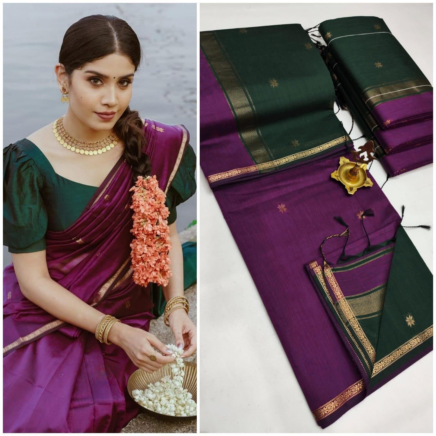 MAHESHWARI COTTON SILK SAREE - VIOLET & GREEN