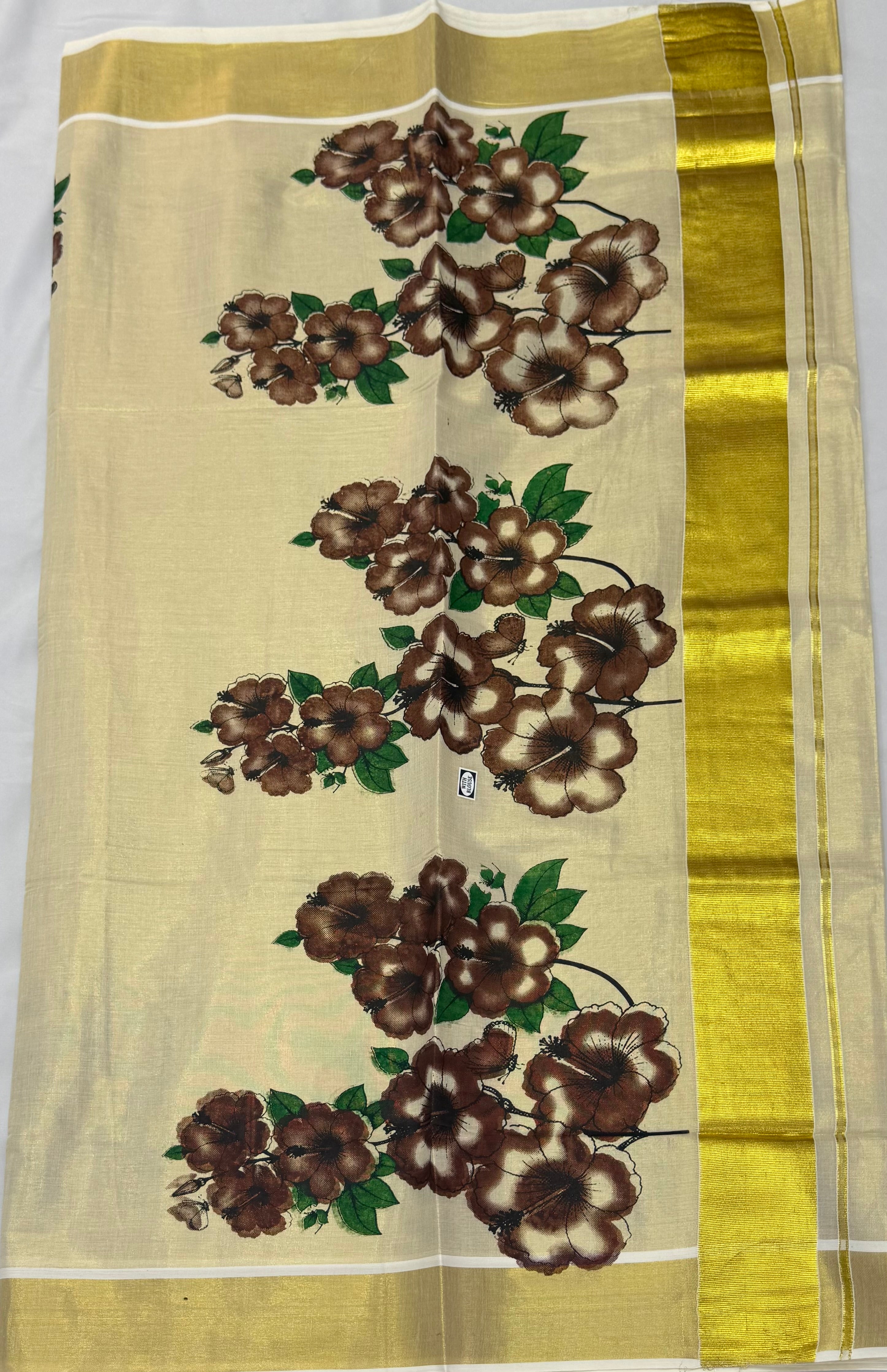 MURAL ART KASAVU TISSUE KERALA SAREE (GOLD,CREAM)