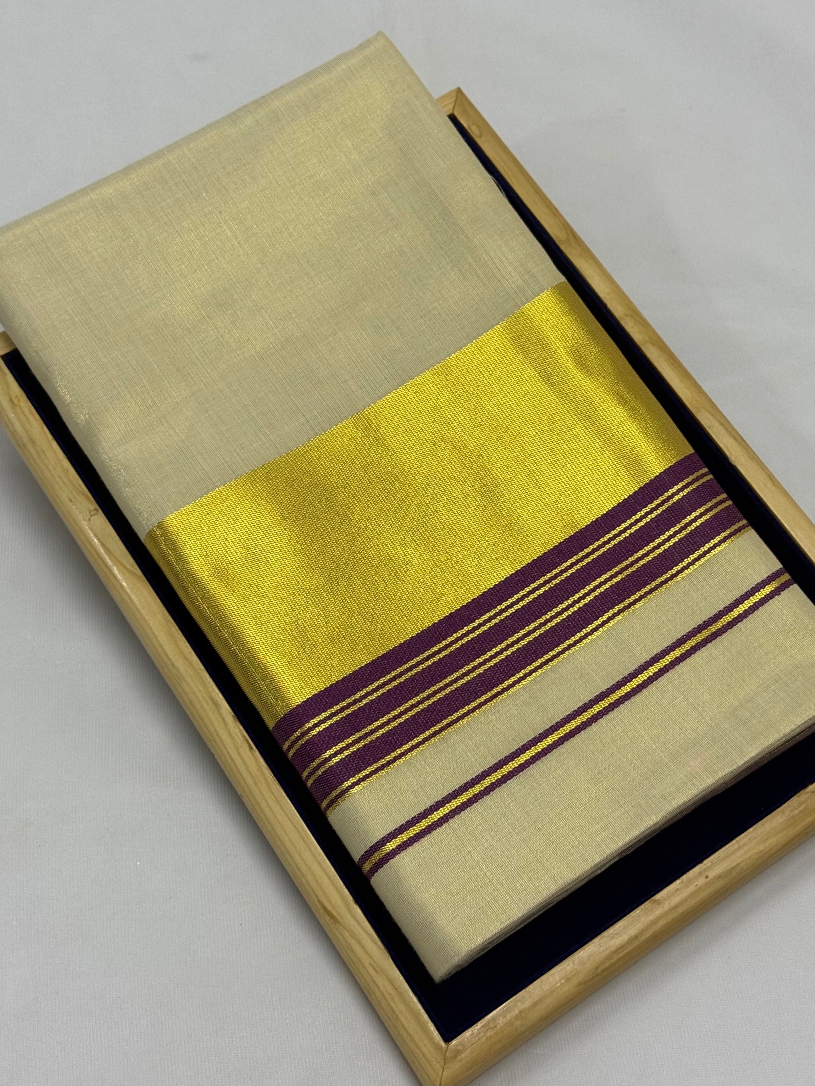 PREMIUM KERALA KASAVU TISSUE STRIPES SAREE - (CREAM,GOLD,VIOLET)