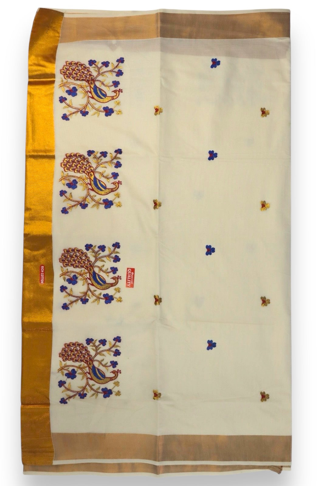 KERALA FANCY PEACOCK EMBROIDERY SAREE (GOLD,BEIGE)