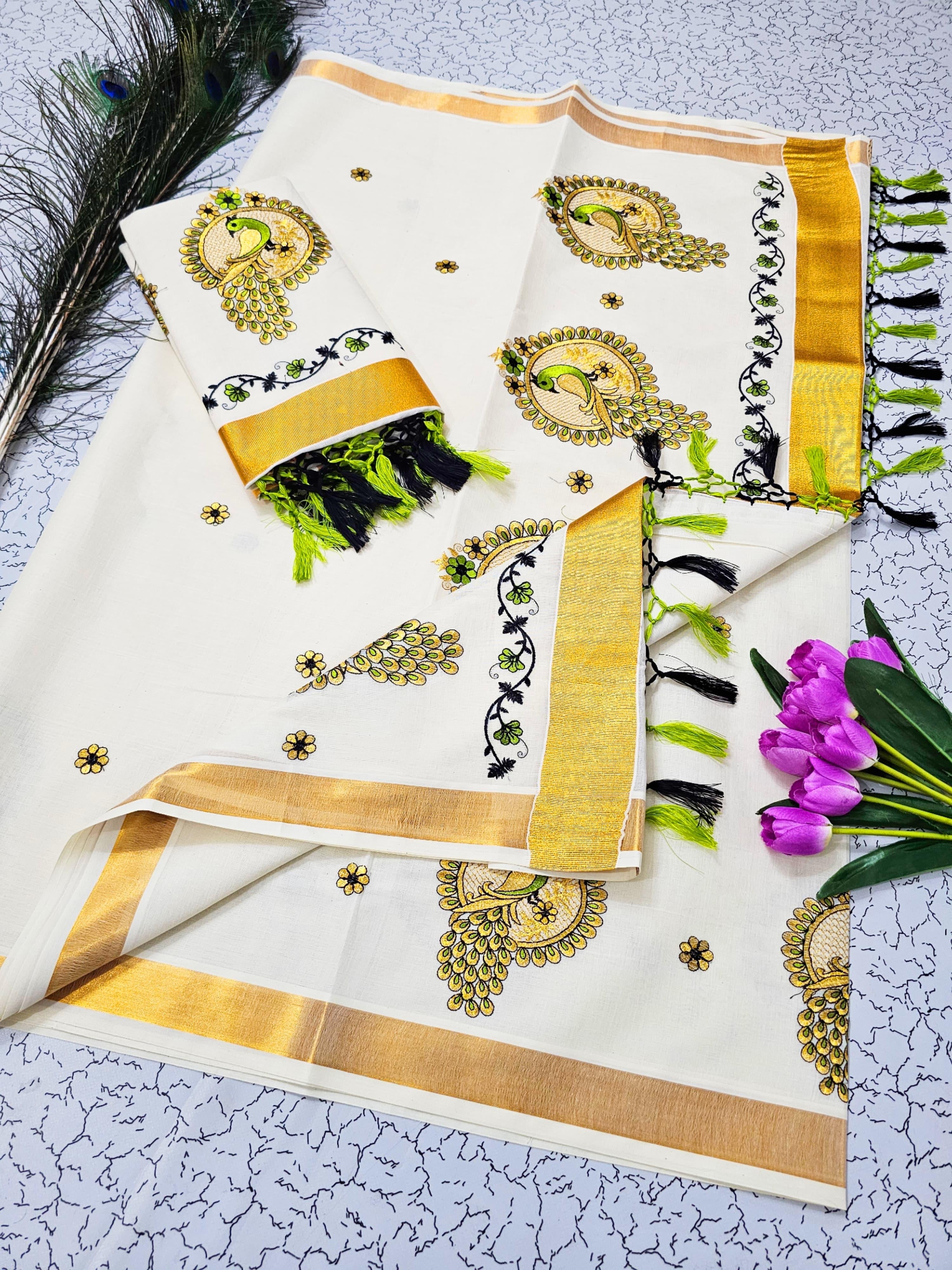KERALA FANCY PEACOCK EMBROIDERY SAREE (GOLD,BEIGE)