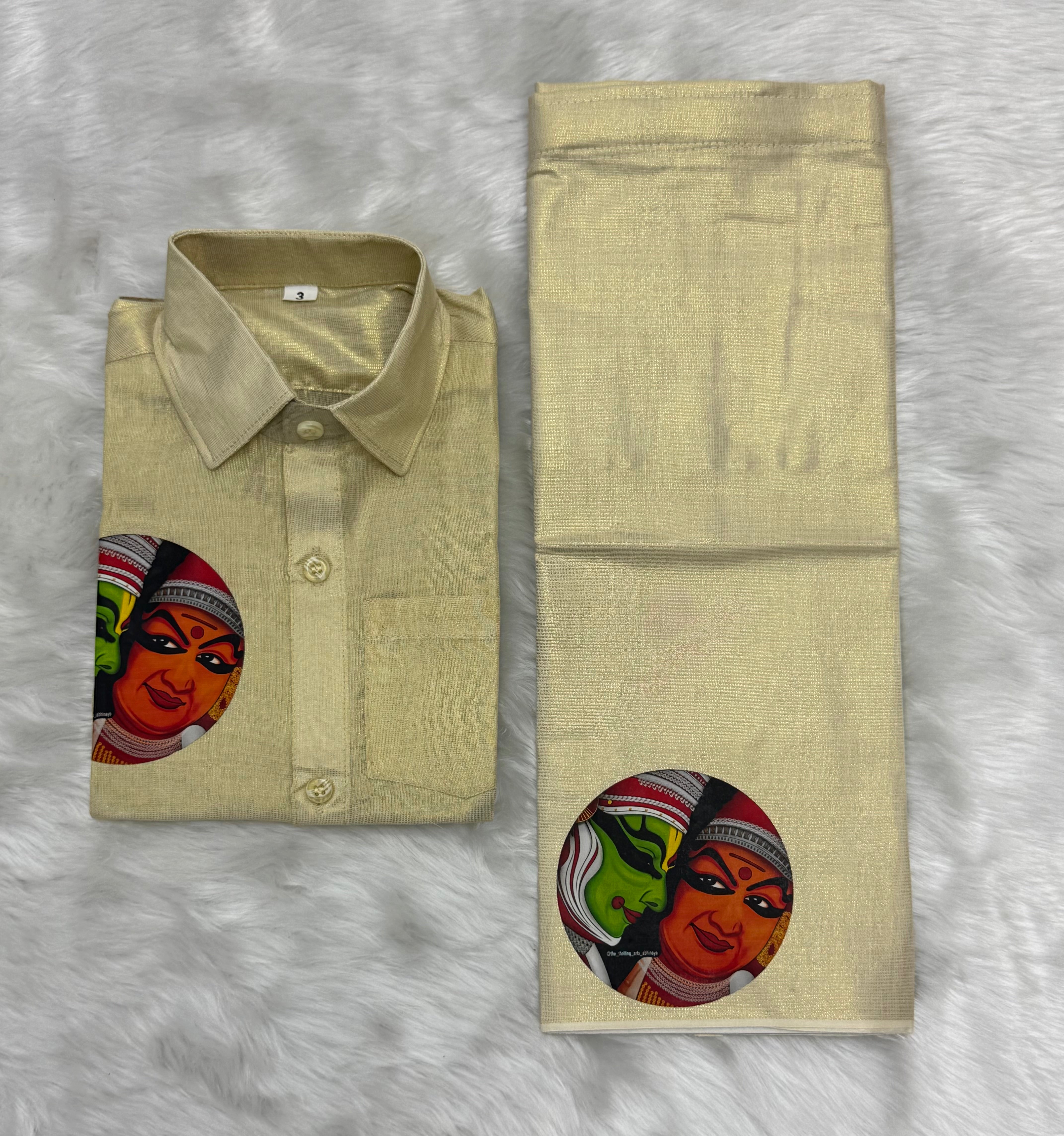 KIDS CULTURAL PRINTED VELCRO DHOTI & SHIRT COMBO SET - GOLD