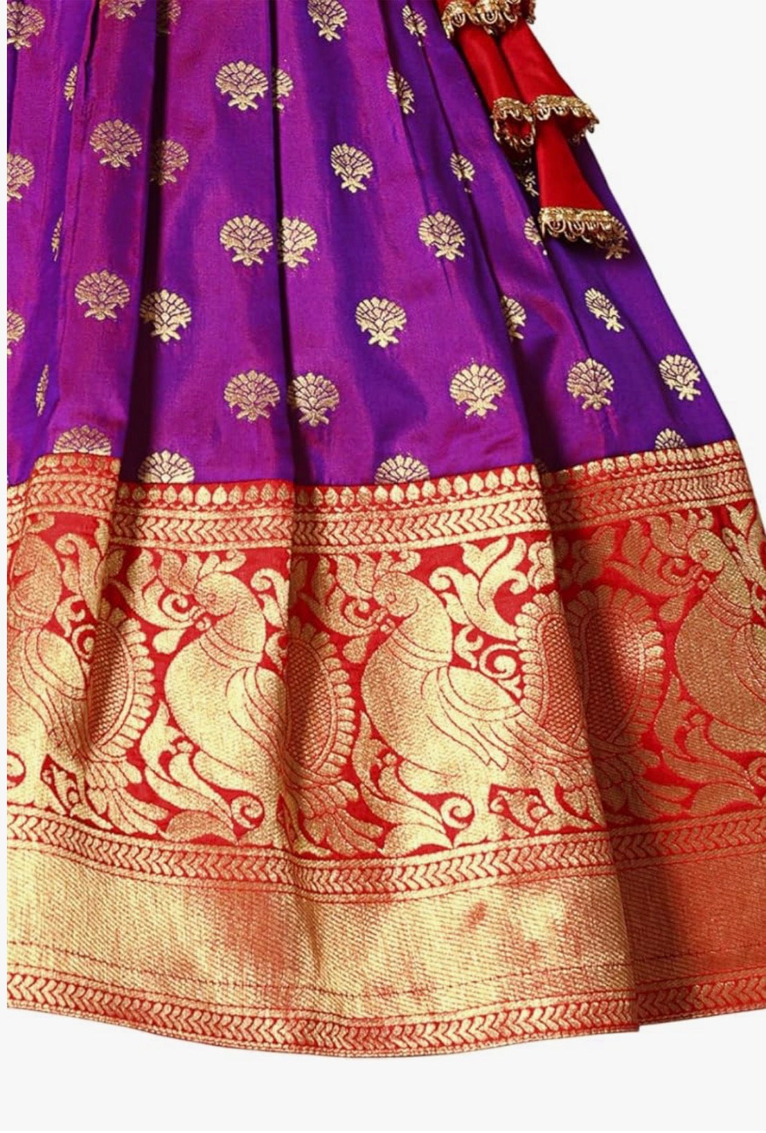 GIRLS SILK BLEND READYMADE PATTU PAVADAI/LEHENGA CHOLI - RED & VIOLET