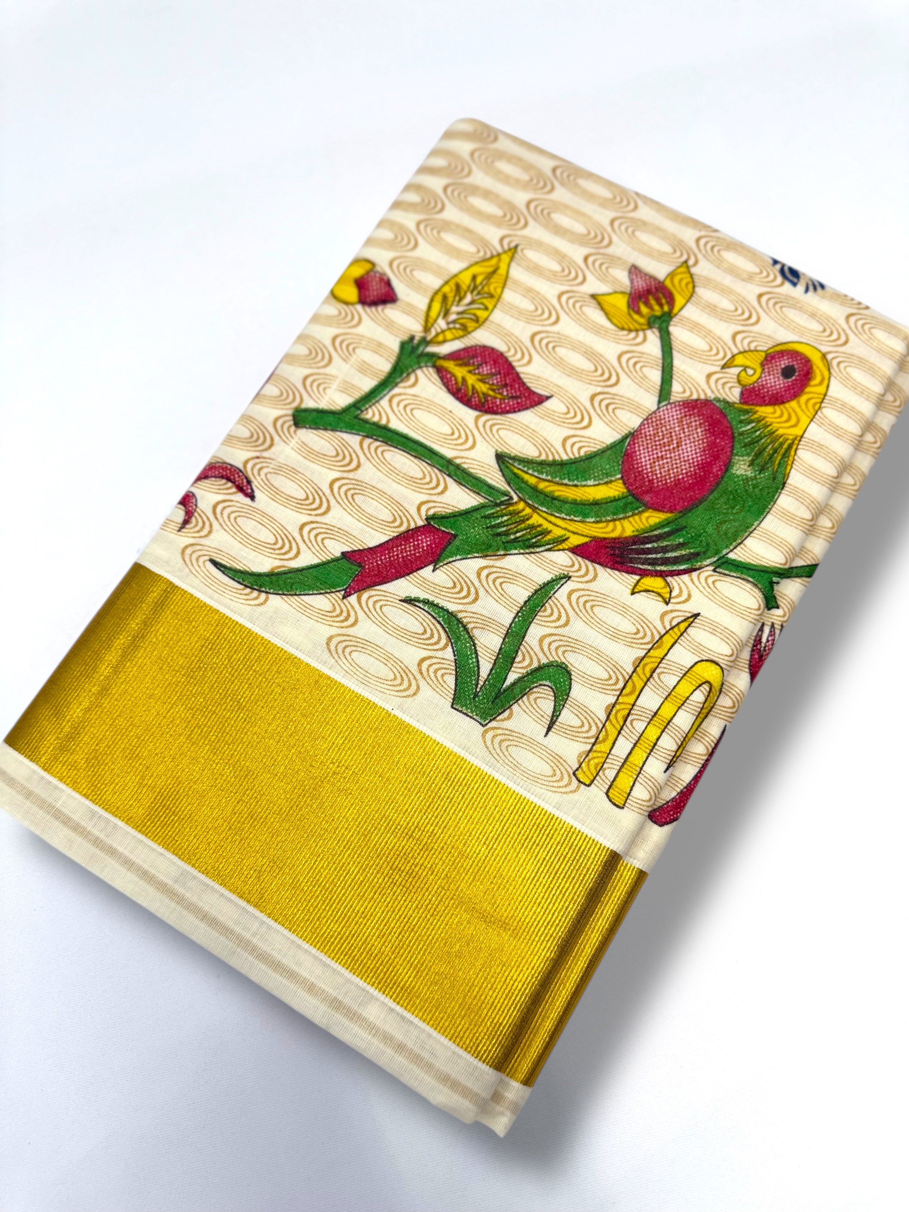 PARROT PRINTED KASAVU COTTON SAREE(GOLD)