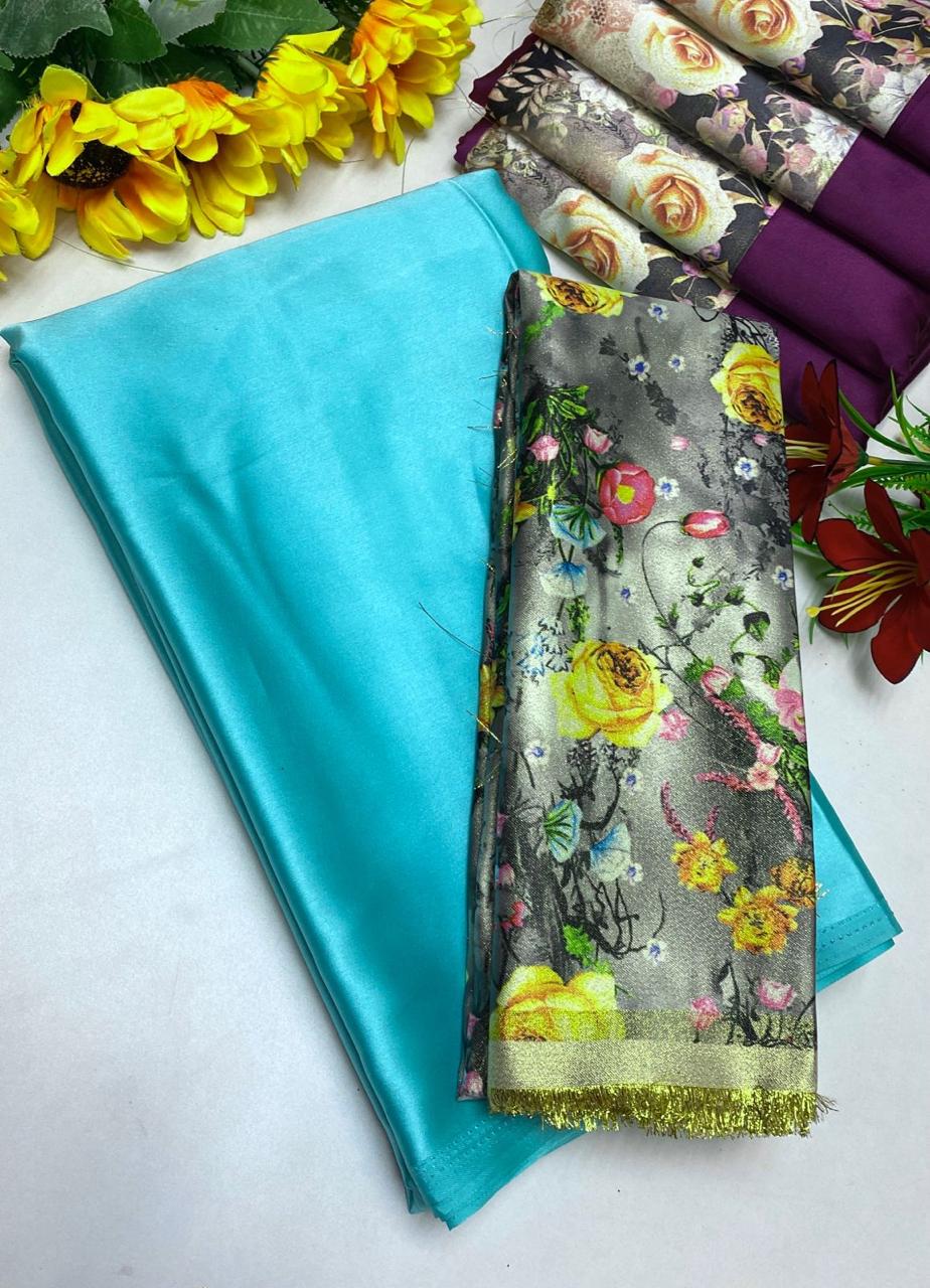 PLAIN SATIN SILK SAREE WITH DIGITAL PRINTED BLOUSE - SKYBLUE