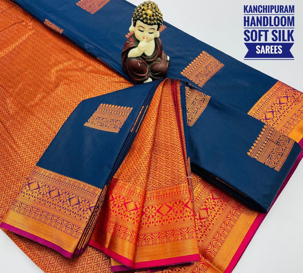 KANCHI HANDLOOM SOFT SILK SAREE - NAVY BLUE