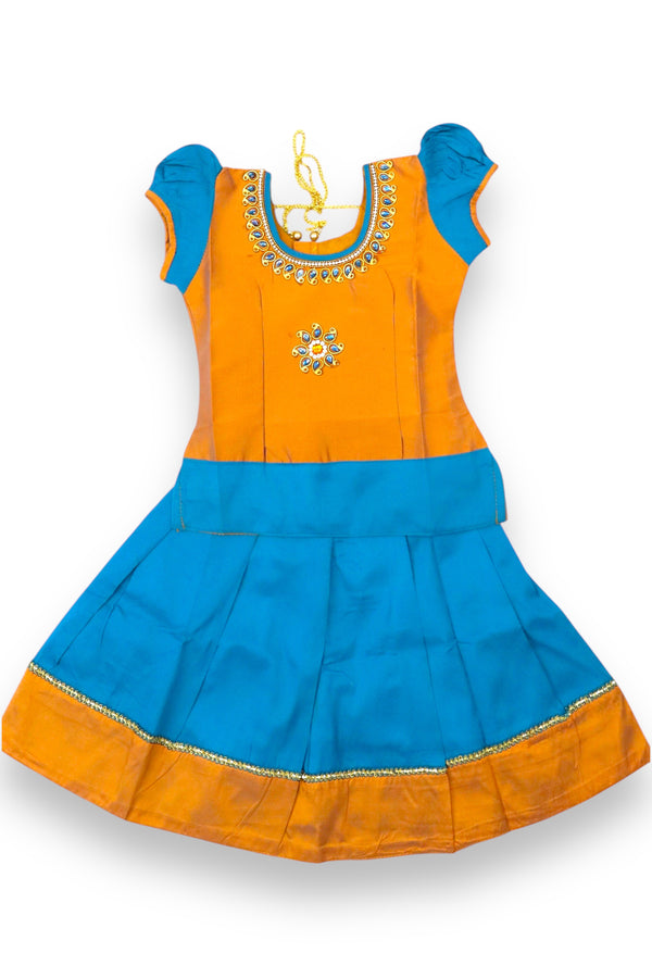 KIDS BABY'S PUFFED SLEEVE PATTU PAVADAI -ORANGE & SKYBLUE