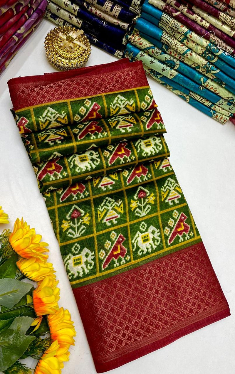 DOLLA SILK SAREE WITH GRAND BANARASI BORDER - GREEN & RED