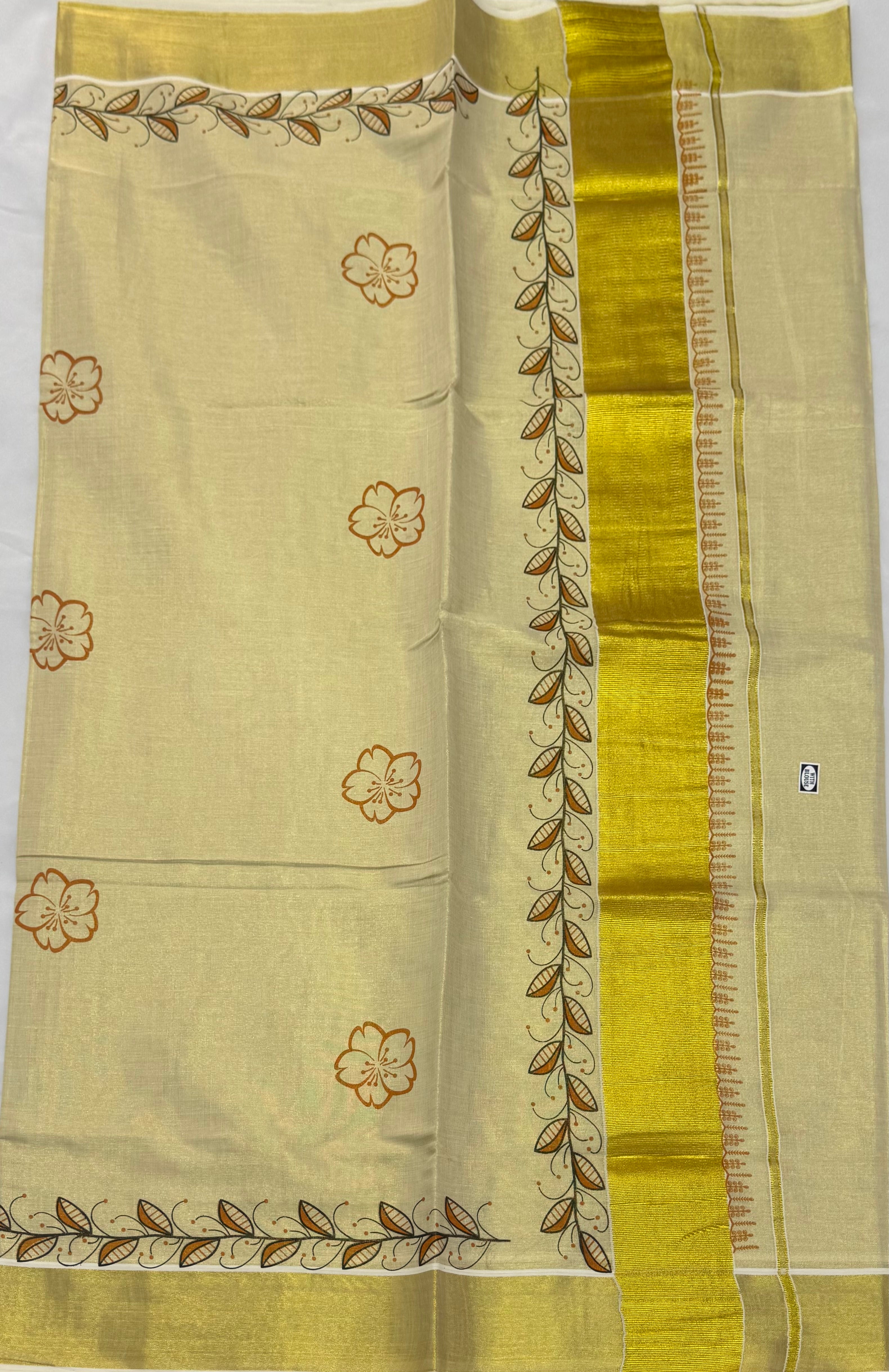 TRADITIONAL TISSUE KASAVU HAND PAINTED SAREE - (GOLD,CREAM)