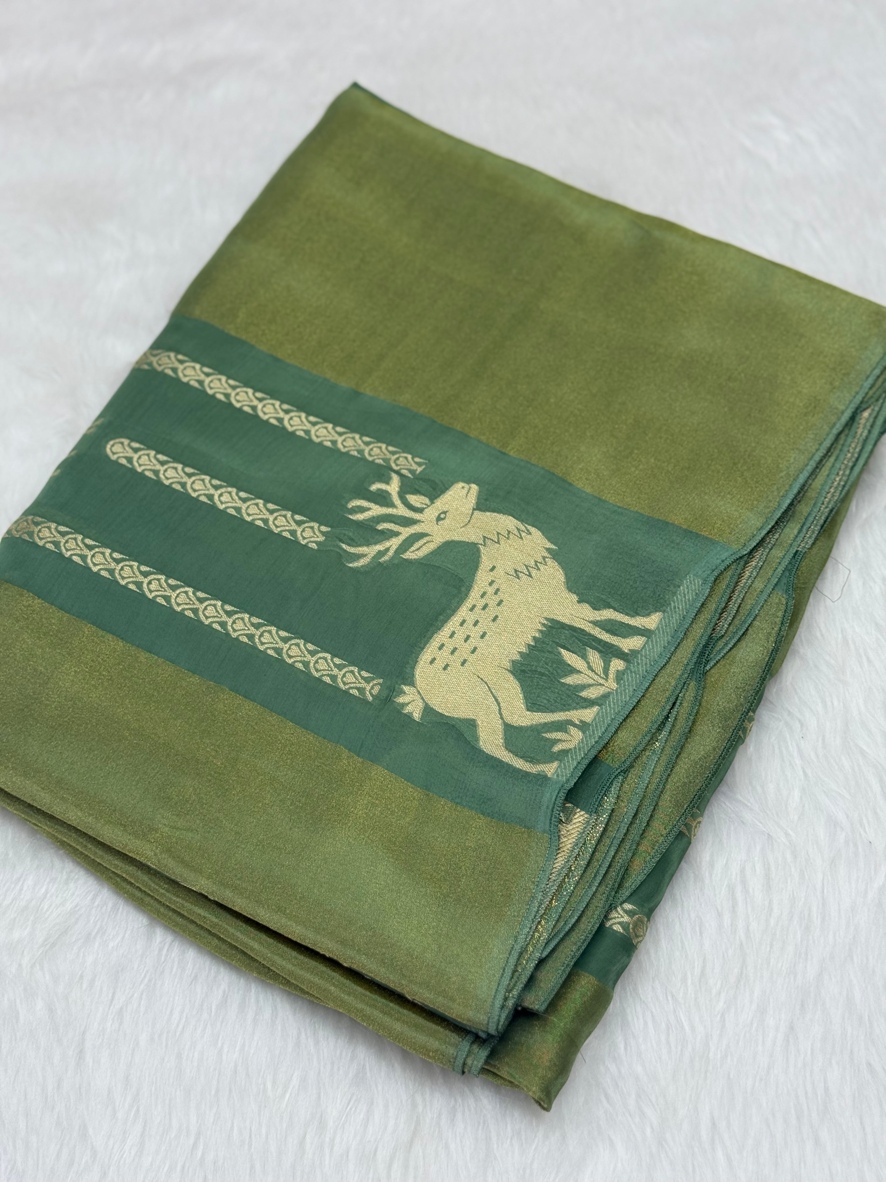 PREMIUM DEER EMBOSSED CHINON CREPE SAREES - MOSS GREEN