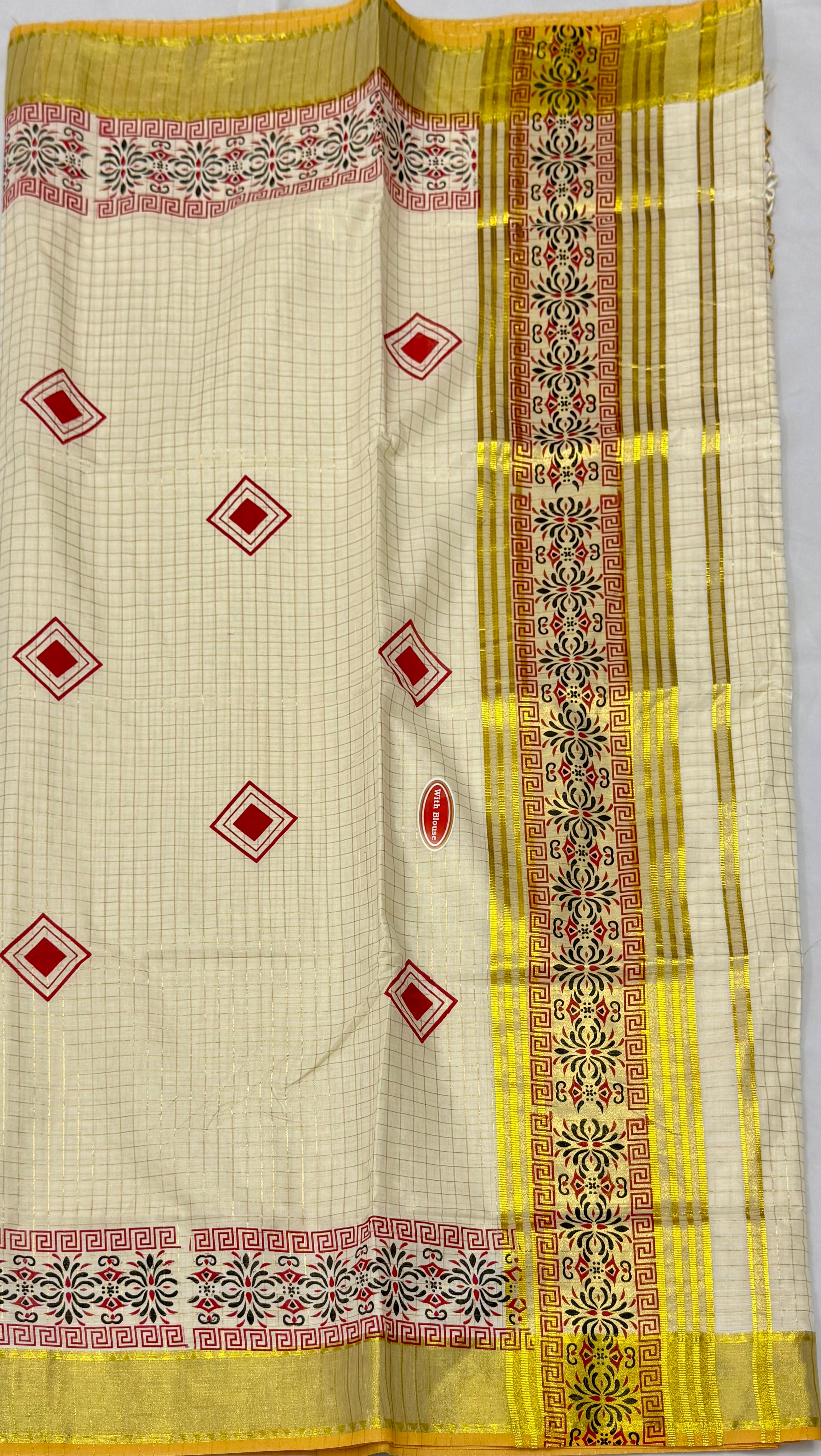 TRADITIONAL PRINTED KASAVU TISSUE CHECKED SAREE (OFF WHITE,GOLD,RED)