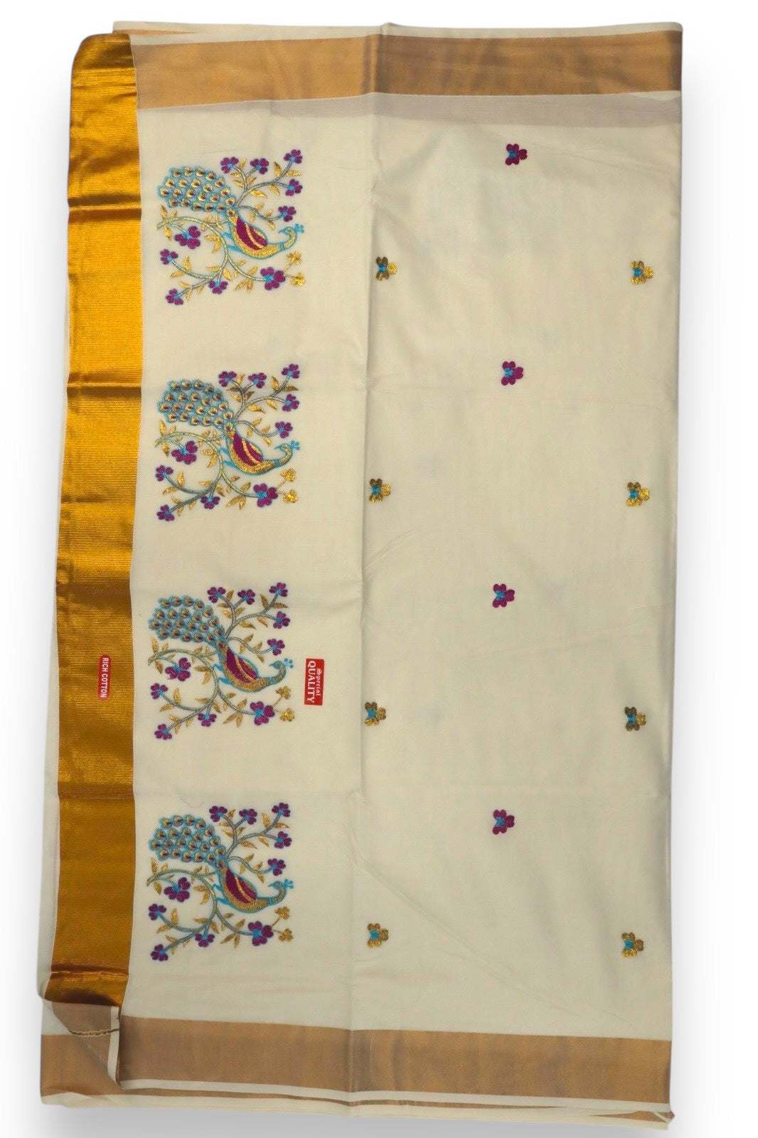 KERALA FANCY PEACOCK EMBROIDERY SAREE (GOLD,BEIGE)