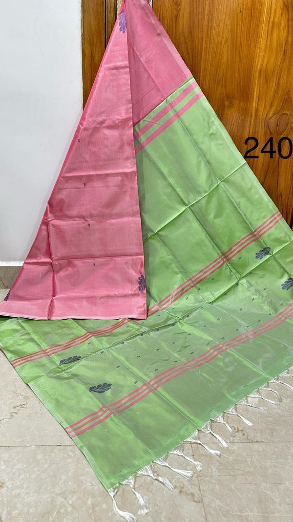 HANDLOOM BANANA PITH SILK SAREE - PISTA GREEN & PINK