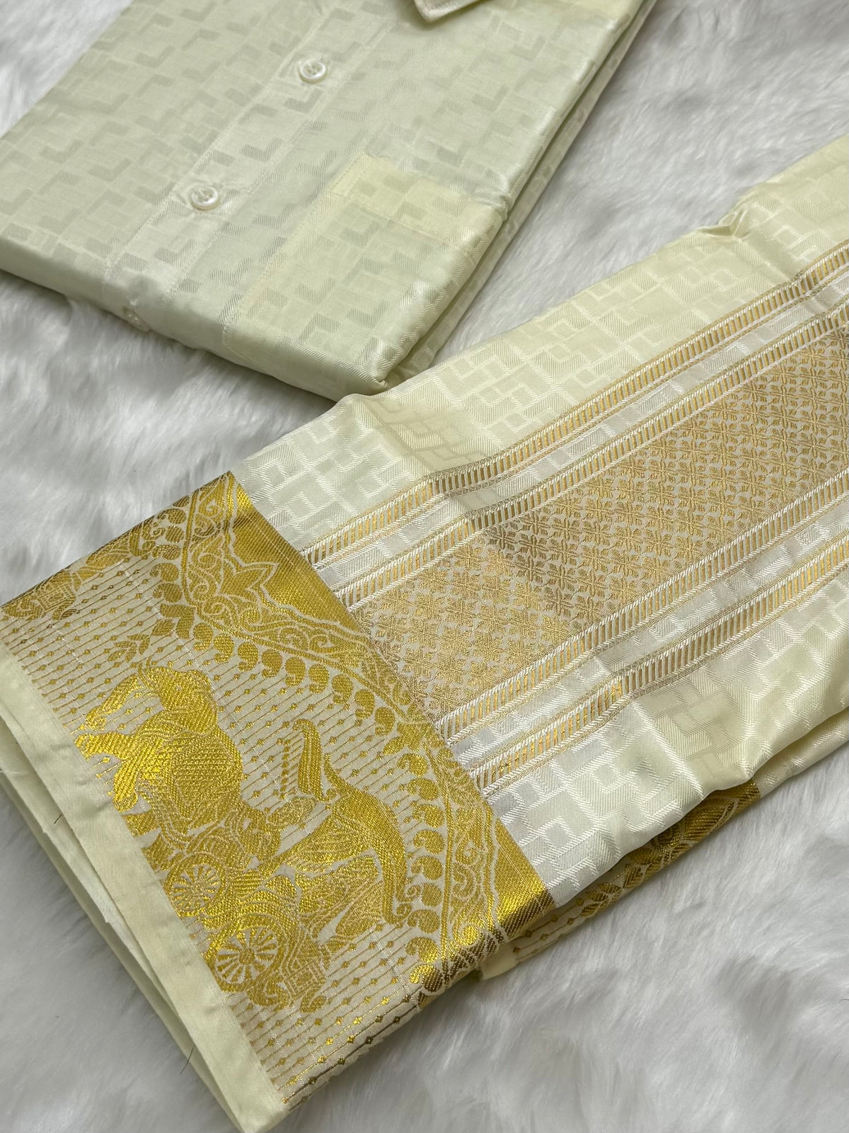 CREAM COLOURED SEMI SILK WEDDING SHIRT, DHOTI, FEATURING A GOLD ZARI BORDER - VELCRO