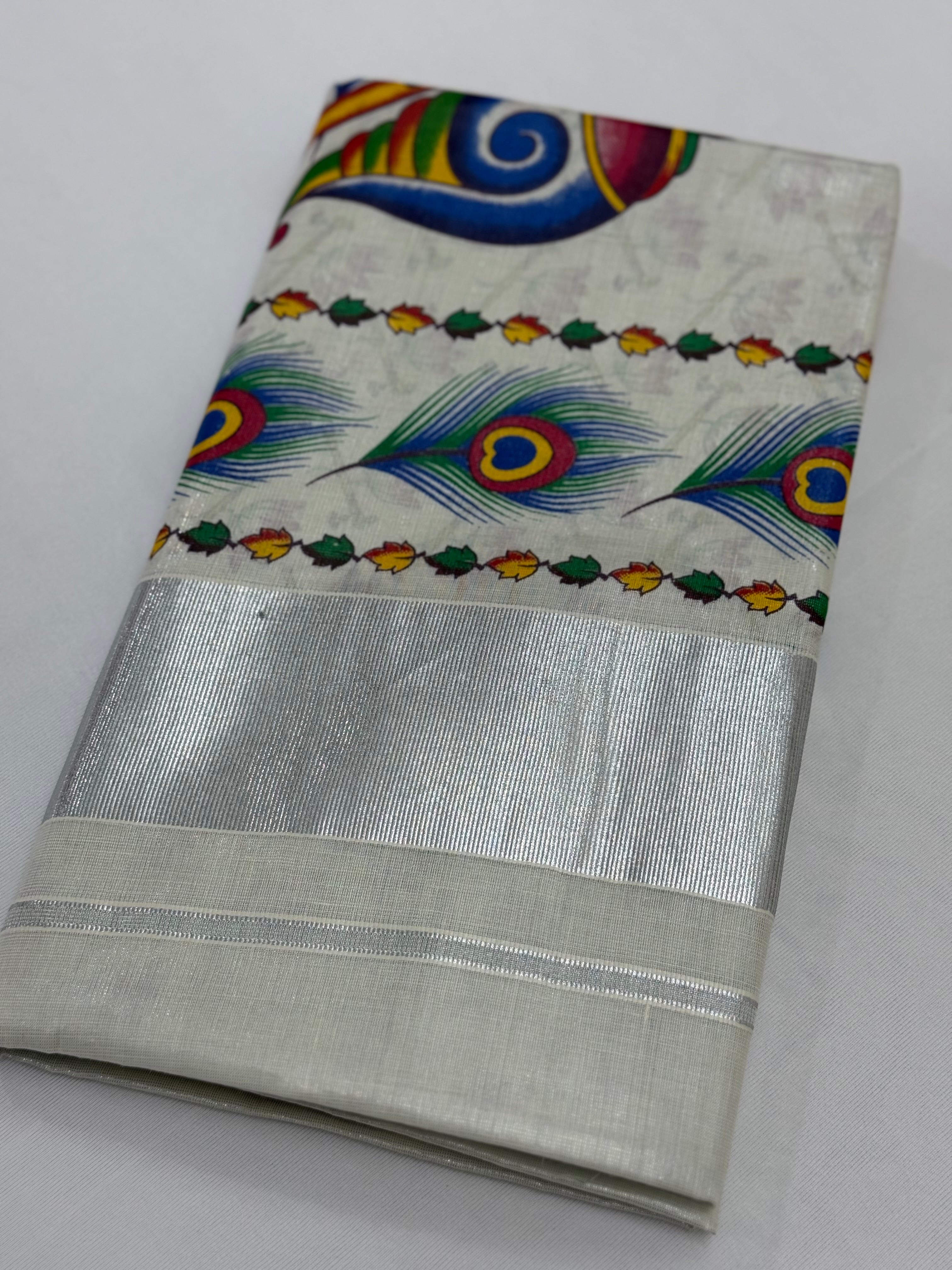 MURAL PAINTED/PRINTED KASAVU TISSUE SAREE (SILVER)