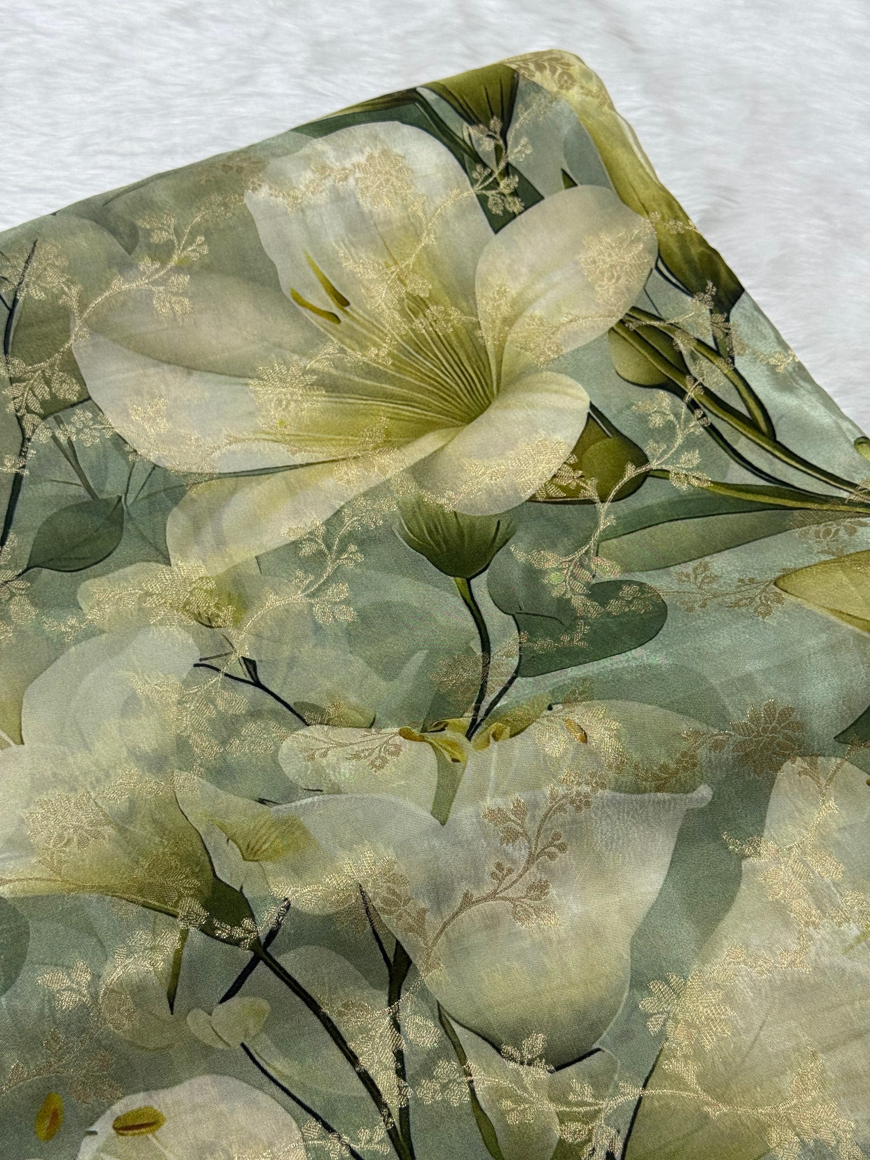 SAGE GREEN FLORAL PRINTED ORGANZA SILK SAREE WOVEN ZARI BORDER AND TASSELS