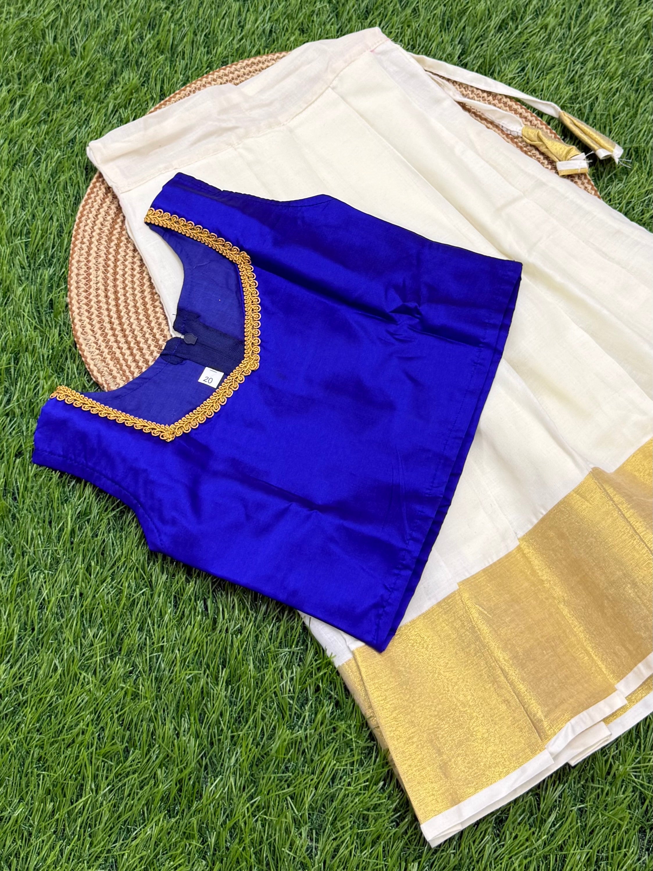 KIDS GIRL'S PATTU PAVADAI -  CREAM & ROYAL BLUE