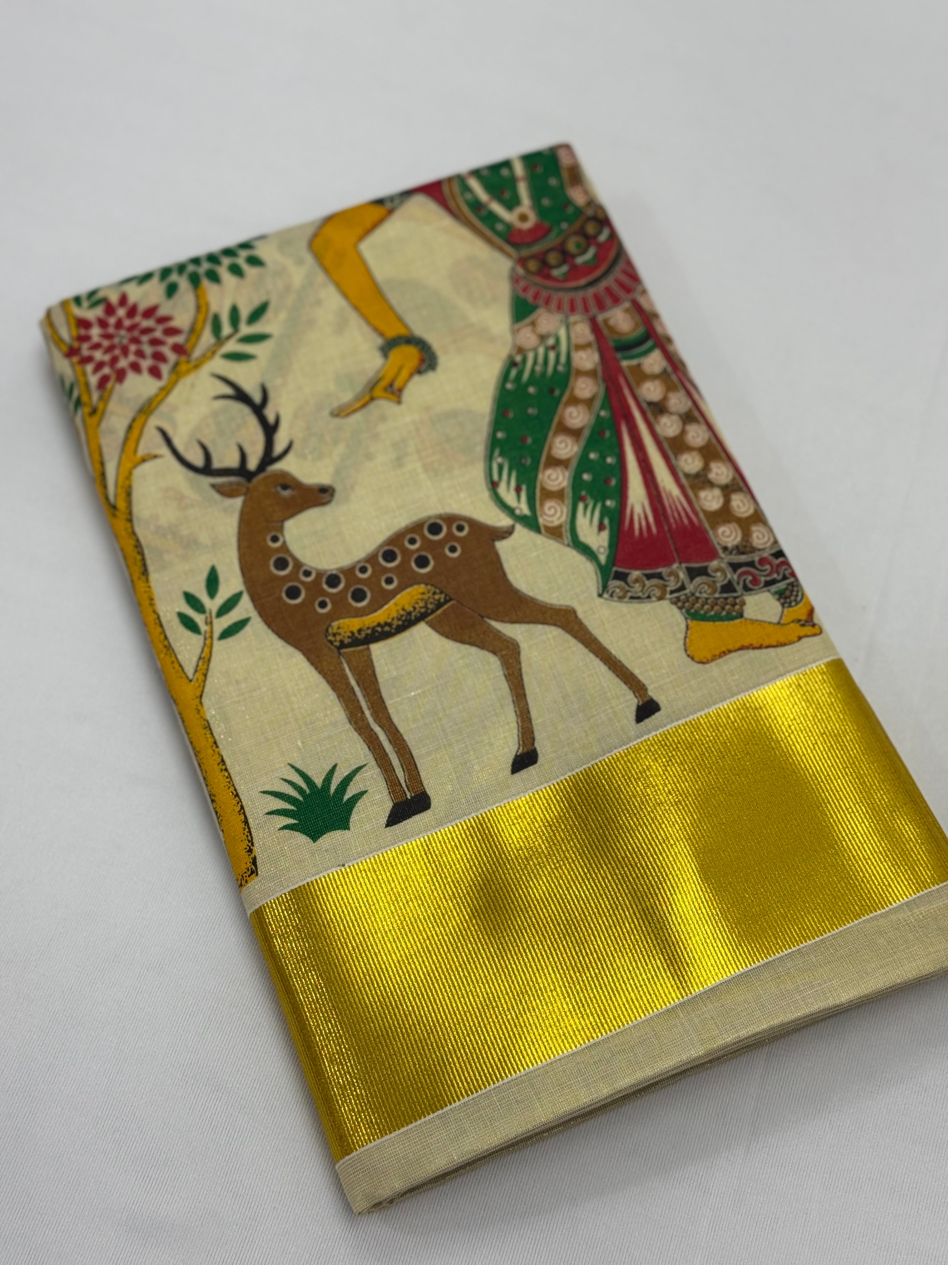 MURAL PAINTED/PRINTED KASAVU TISSUE SAREE (GOLD)