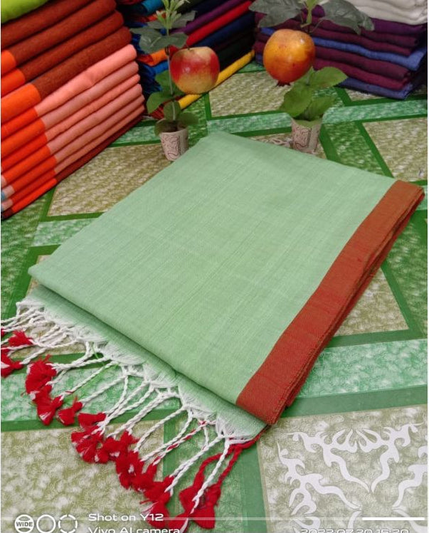 PLAIN SOFT KHADI COTTON SAREE - TEA GREEN