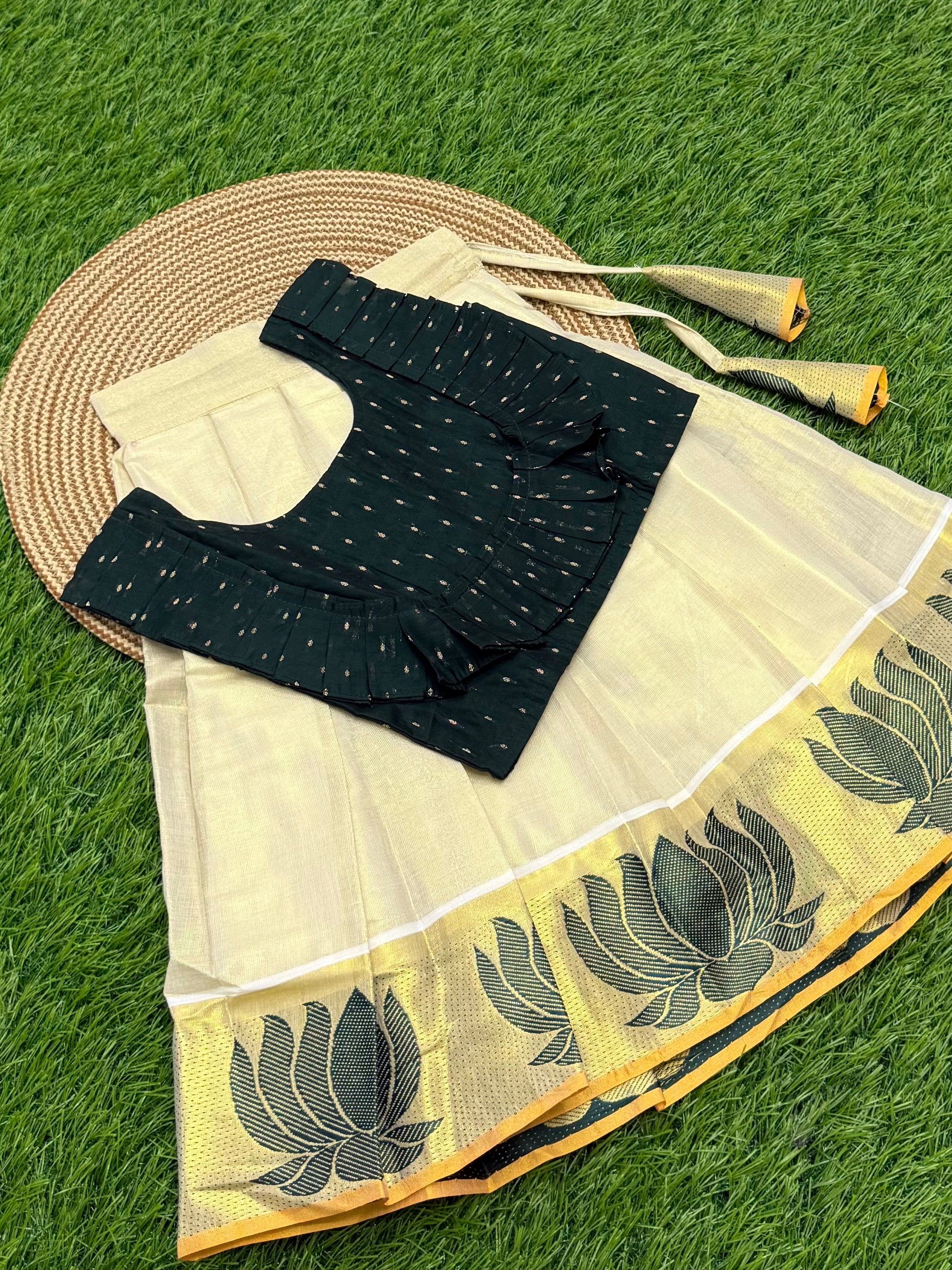 KIDS GIRL'S PATTU PAVADAI - CREAM & GREEN
