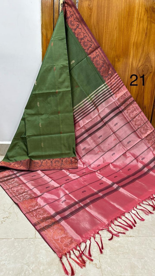 HANDLOOM BANANA PITH SILK SAREE - PINK & GREEN