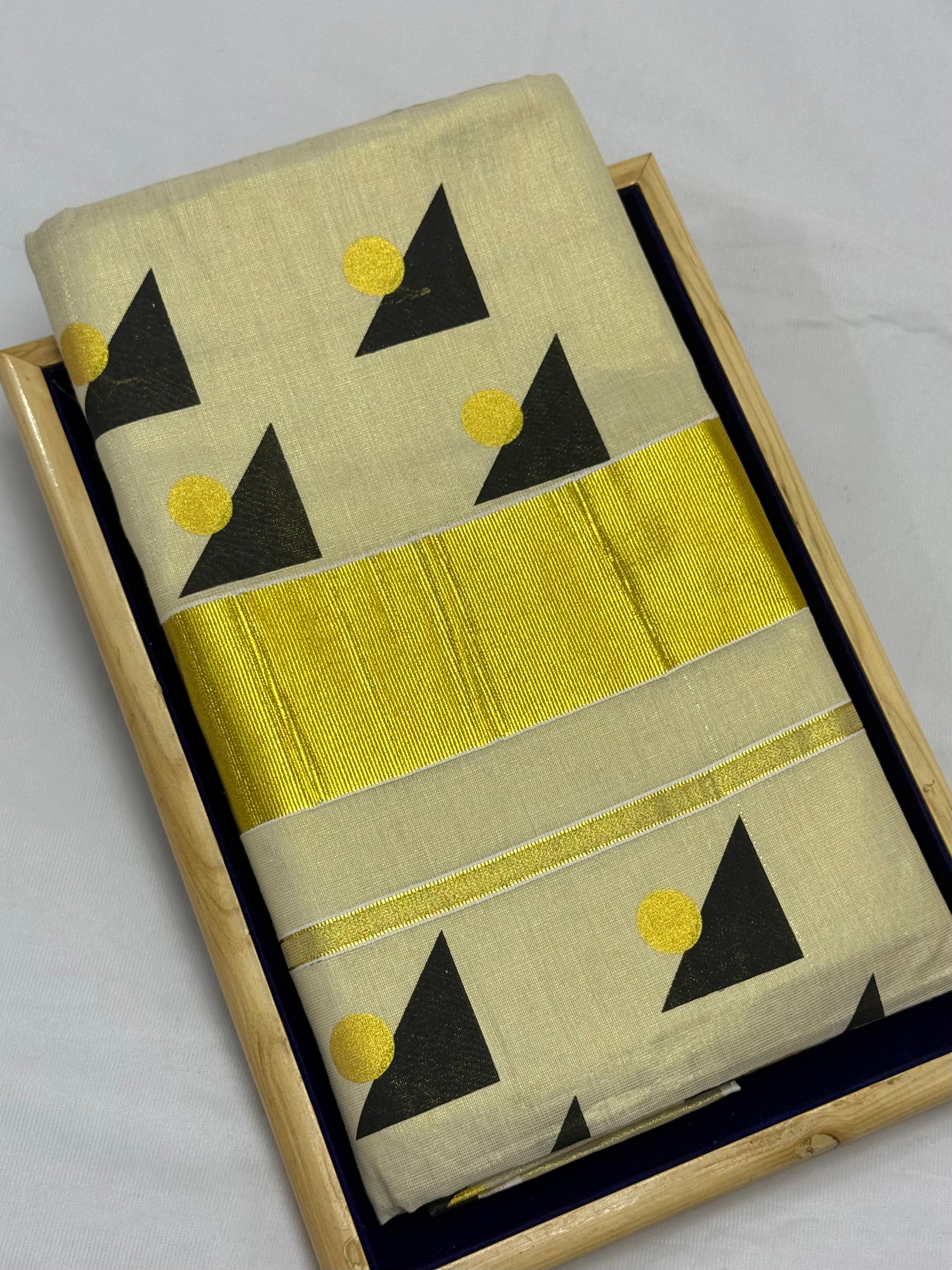 BLOCK  PRINTED KASAVU TISSUE SAREE - (GOLD,CREAM)