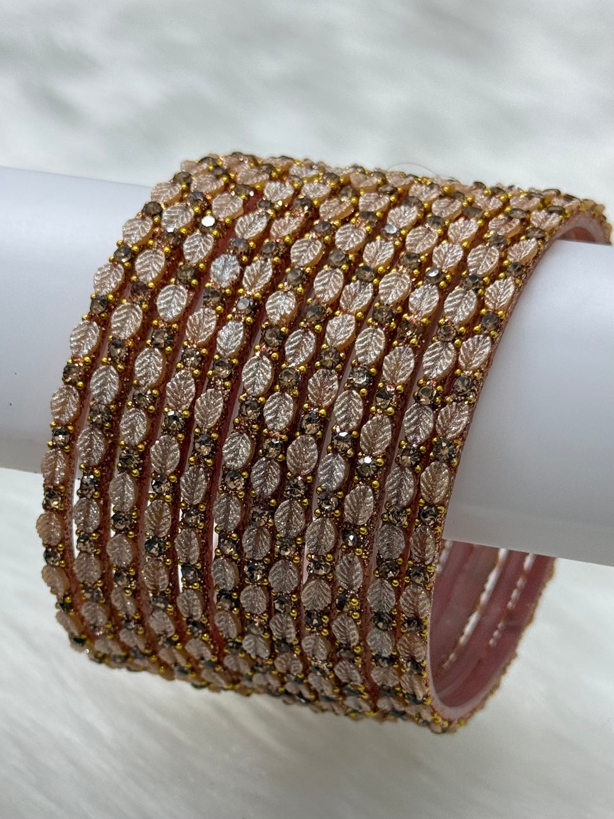 PREMIUM LEAF DESIGN STONE STUDDED GLASS BANGLES PACK OF 12