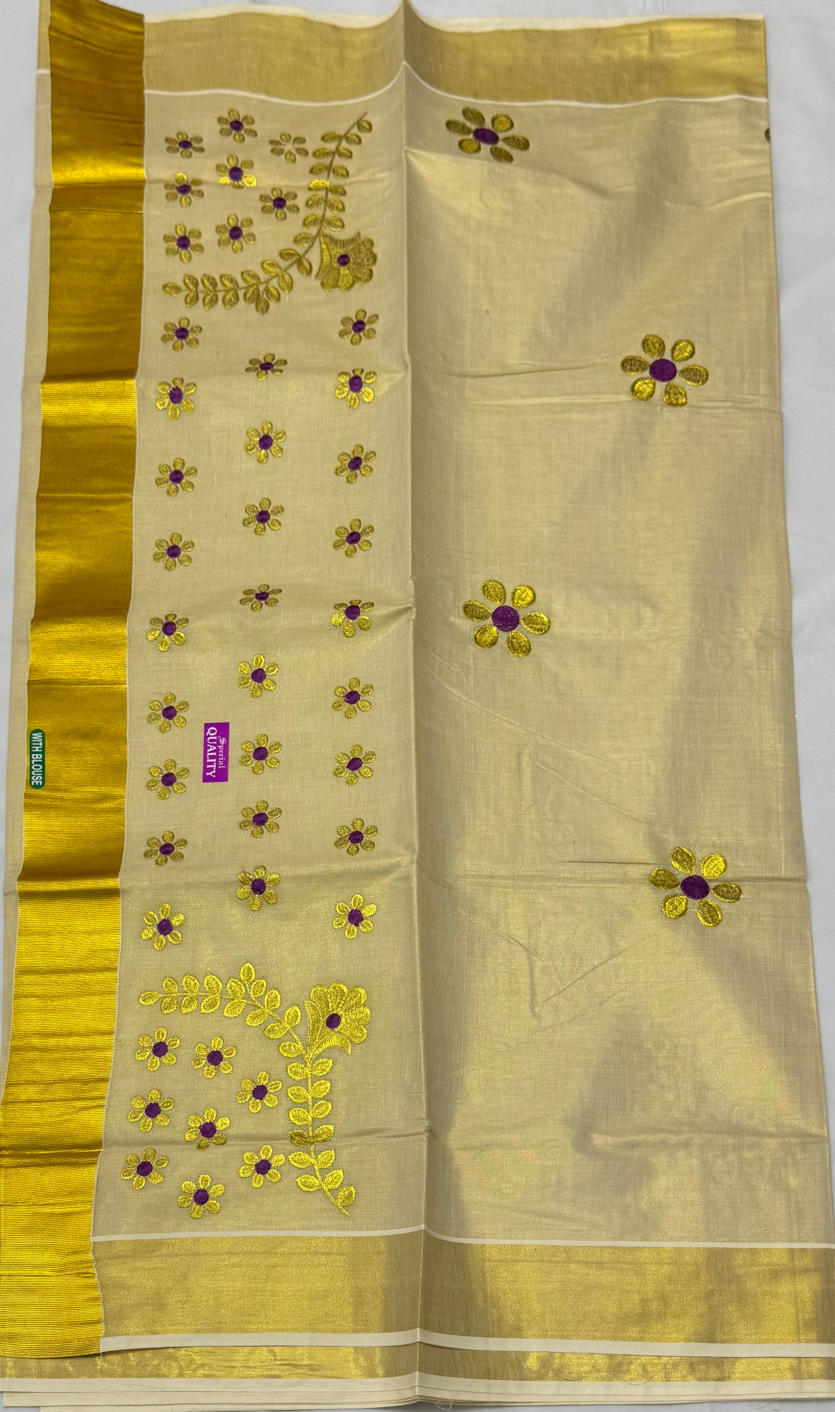 KERALA KASAVU TISSUE SILK EMBROIDERY  SAREE - (GOLD,CREAM)