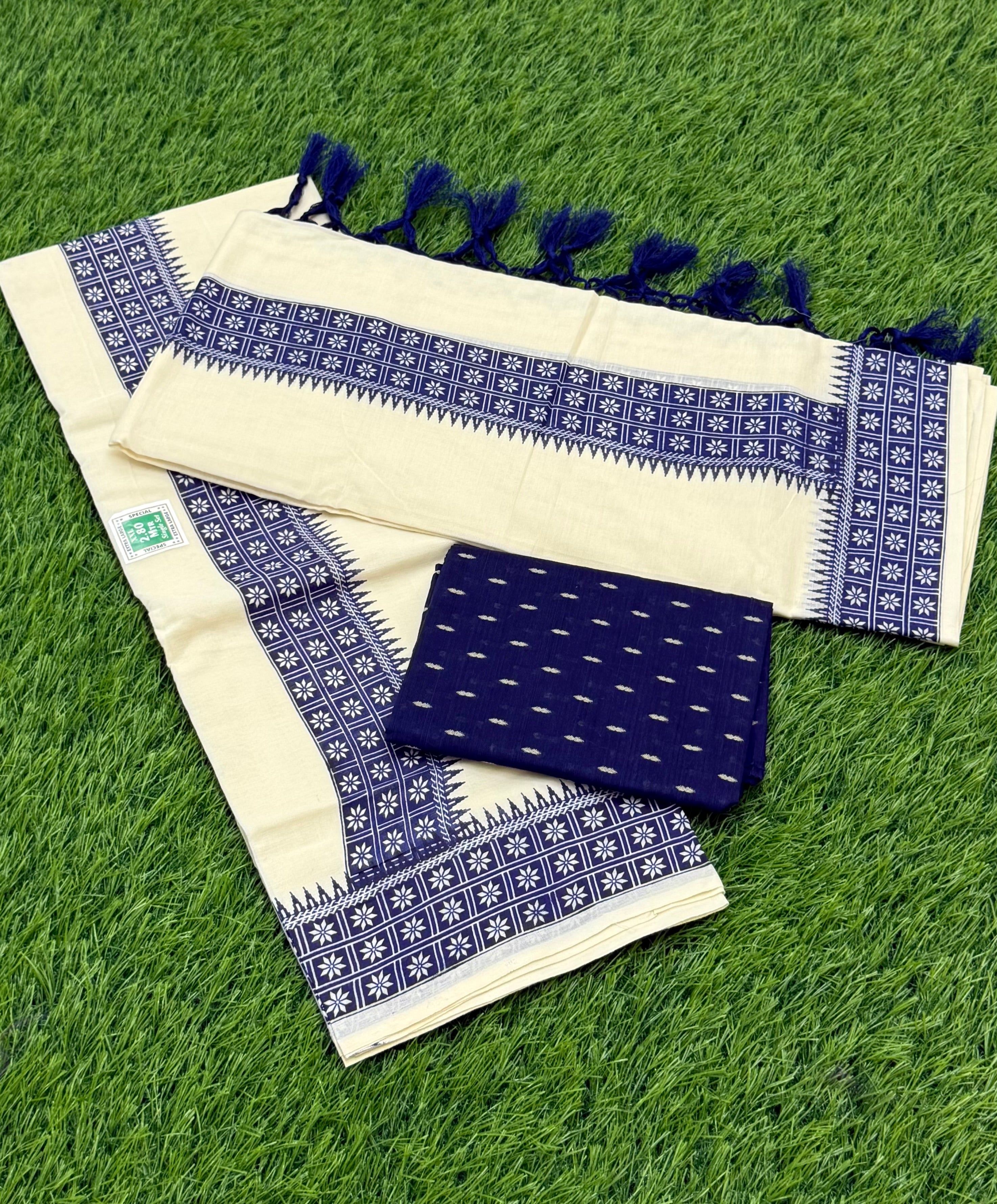 FANCY PRINTED SINGLE SET MUNDU (MUNDUM NERIYATHUM) WITH BLOUSE PIECE - 2 X 2.80 MTRS