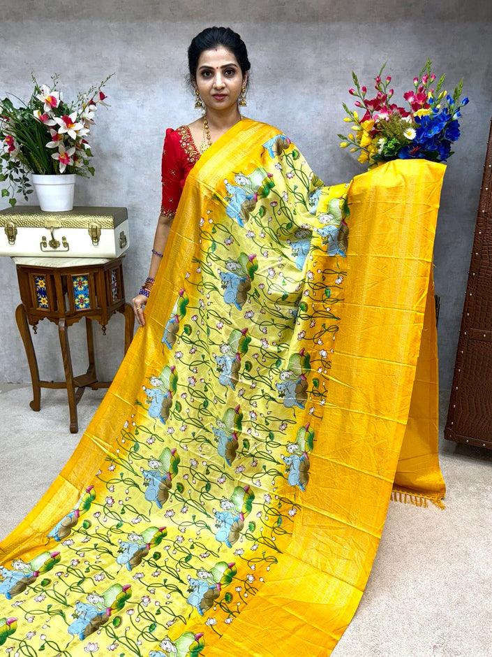 SEMI DOLLA PRINTED SAREE - LIME YELLOW