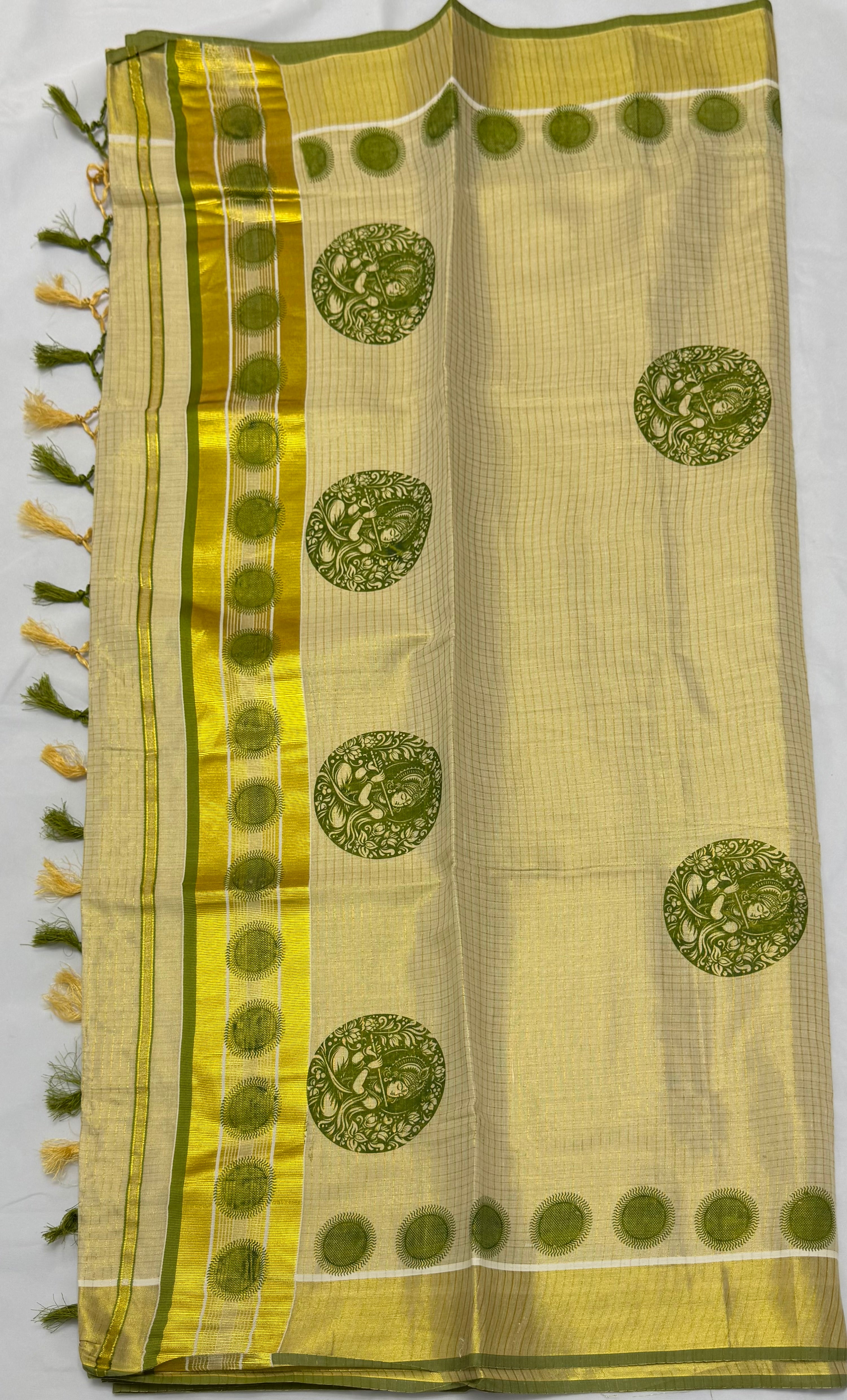 MURAL ART KASAVU TISSUE KERALA SAREE (GOLD,CREAM)