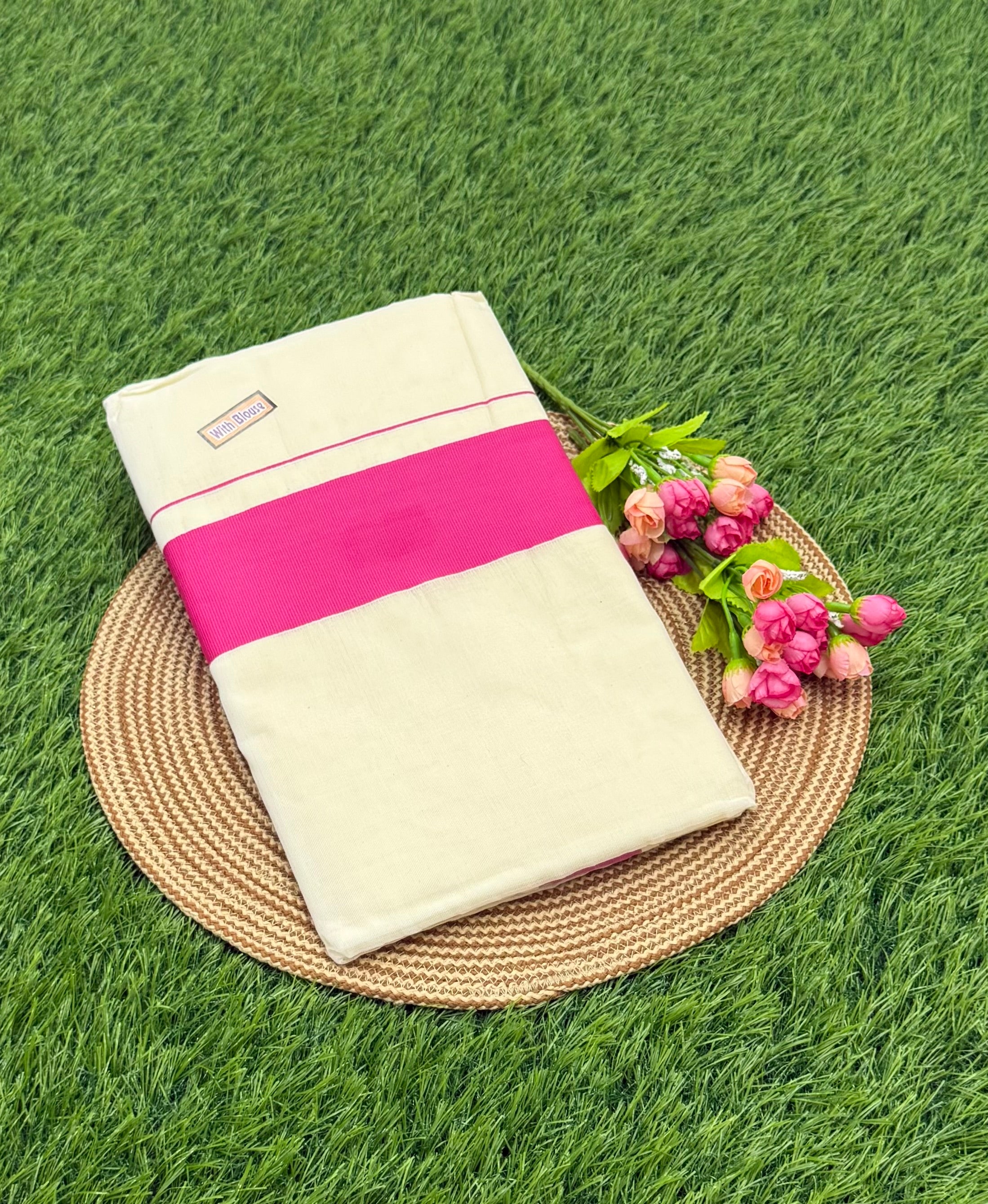 KASAVU COTTON OFF WHITE SAREE - PINK