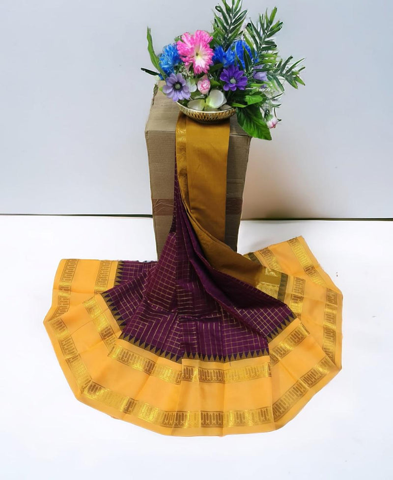 UPPADA SILK COTTON CHECKED SAREES - WINE COLOUR