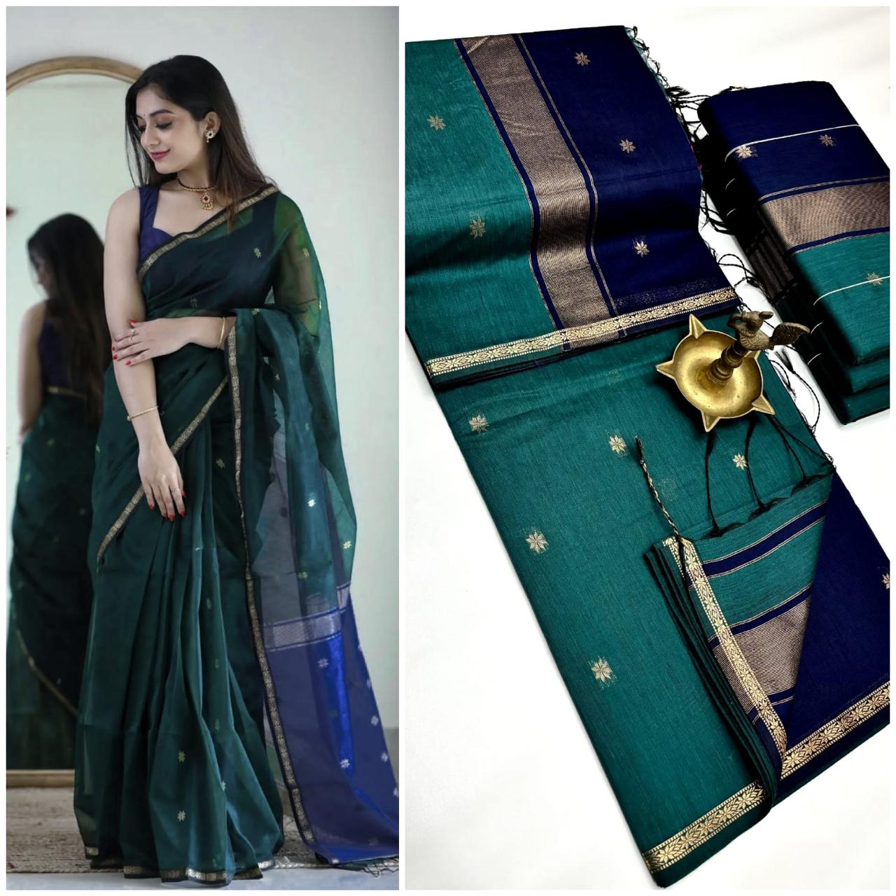 MAHESHWARI COTTON SILK SAREE - DARK TEAL