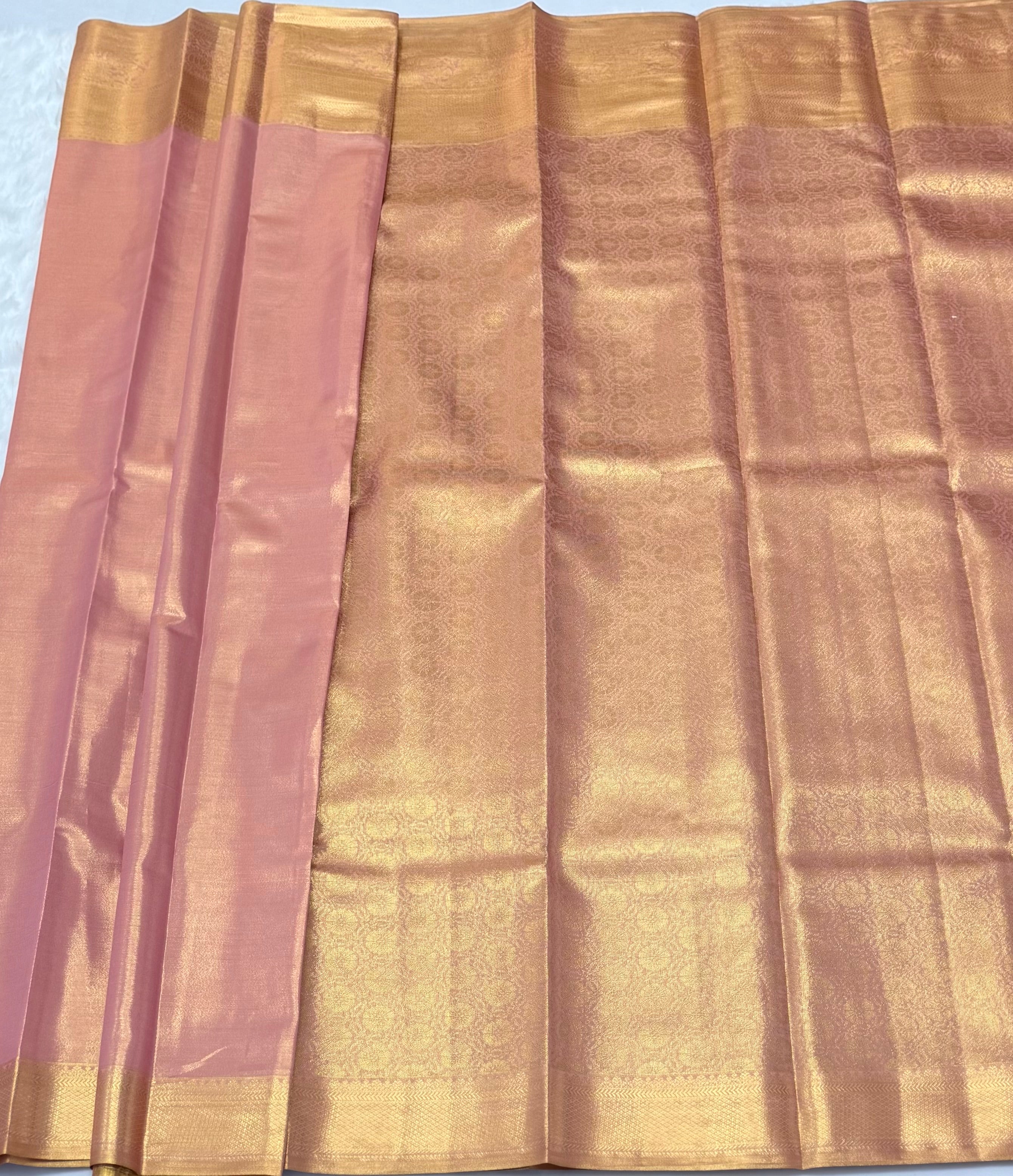 PREMIUM KANCHI TISSUE SILK SAREE - GOLD & FLAMINGO