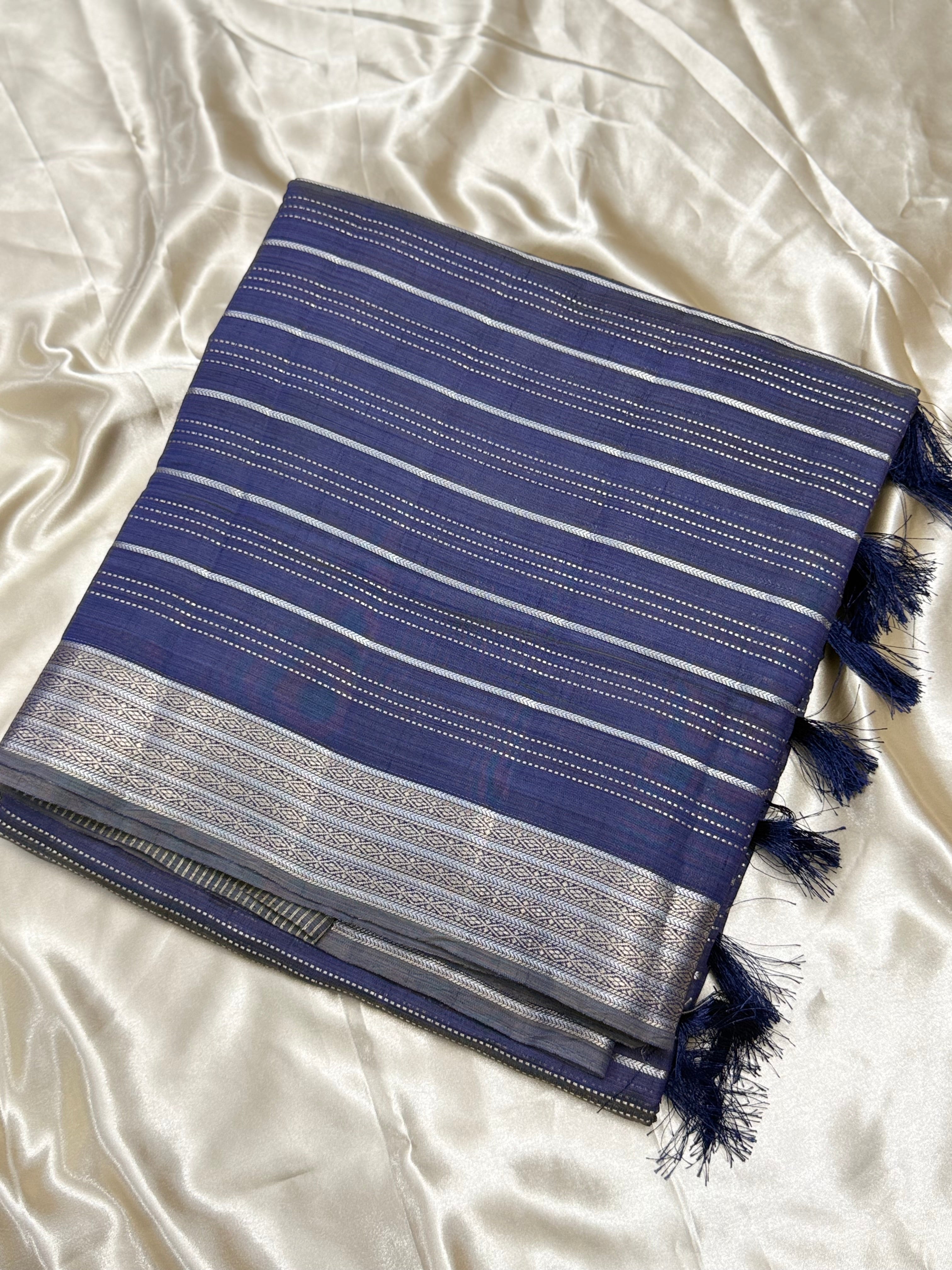 TUSSAR SILK SAREE WITH ZARI BORDER - NAVY BLUE