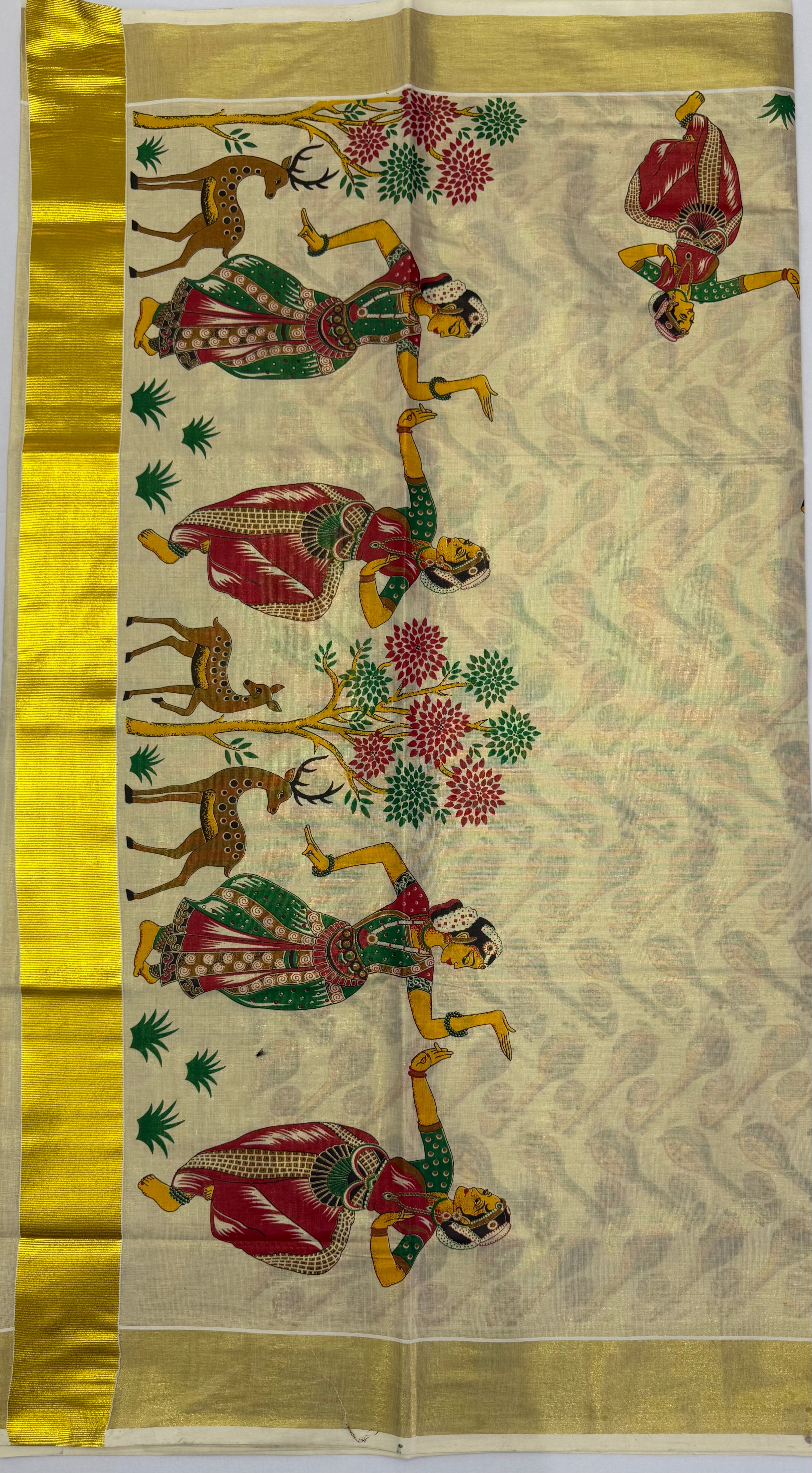 MURAL PAINTED/PRINTED KASAVU TISSUE SAREE (GOLD)