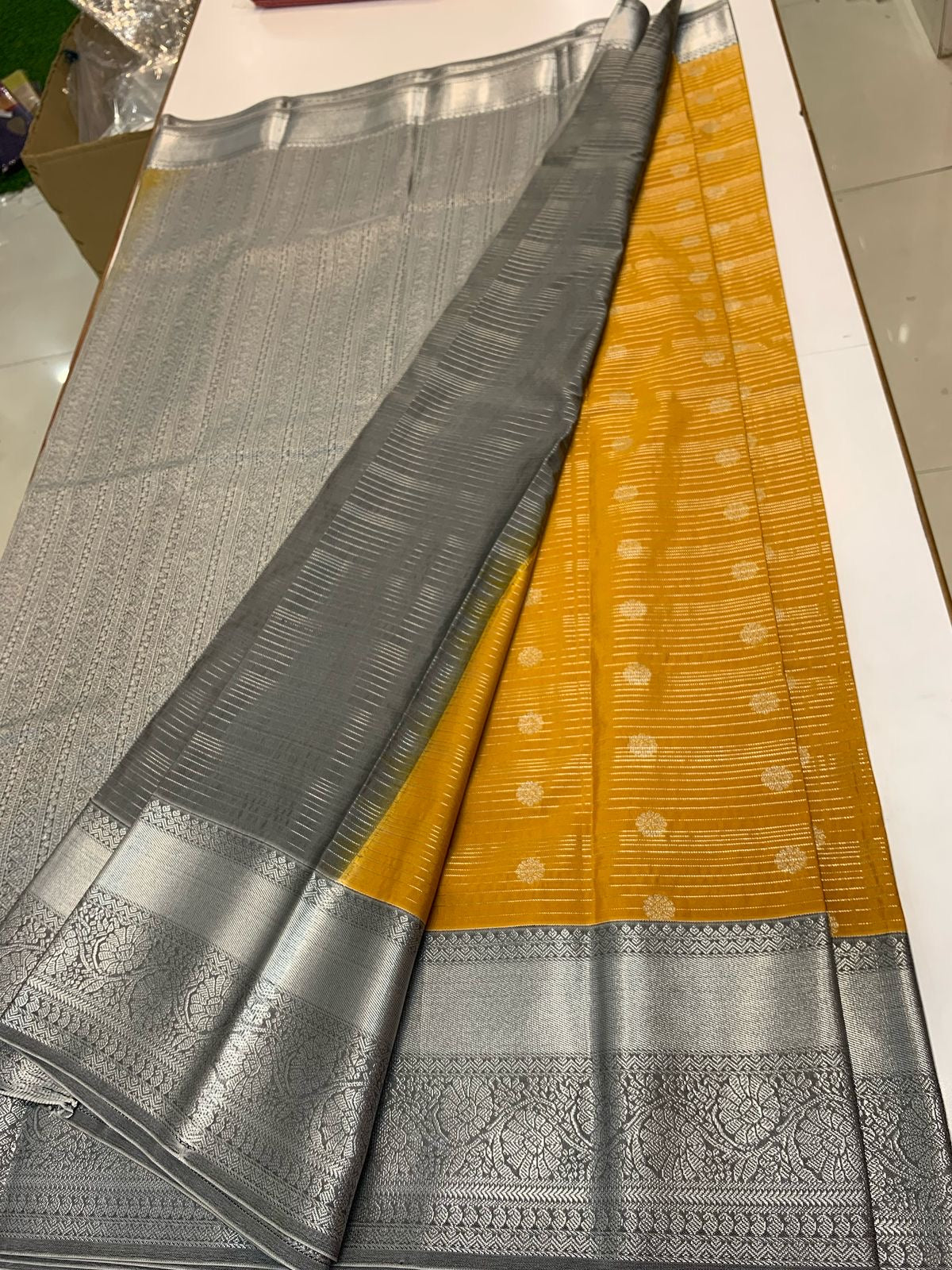 SEMI KANCHI SILK SAREE - MUSTARD & GREY