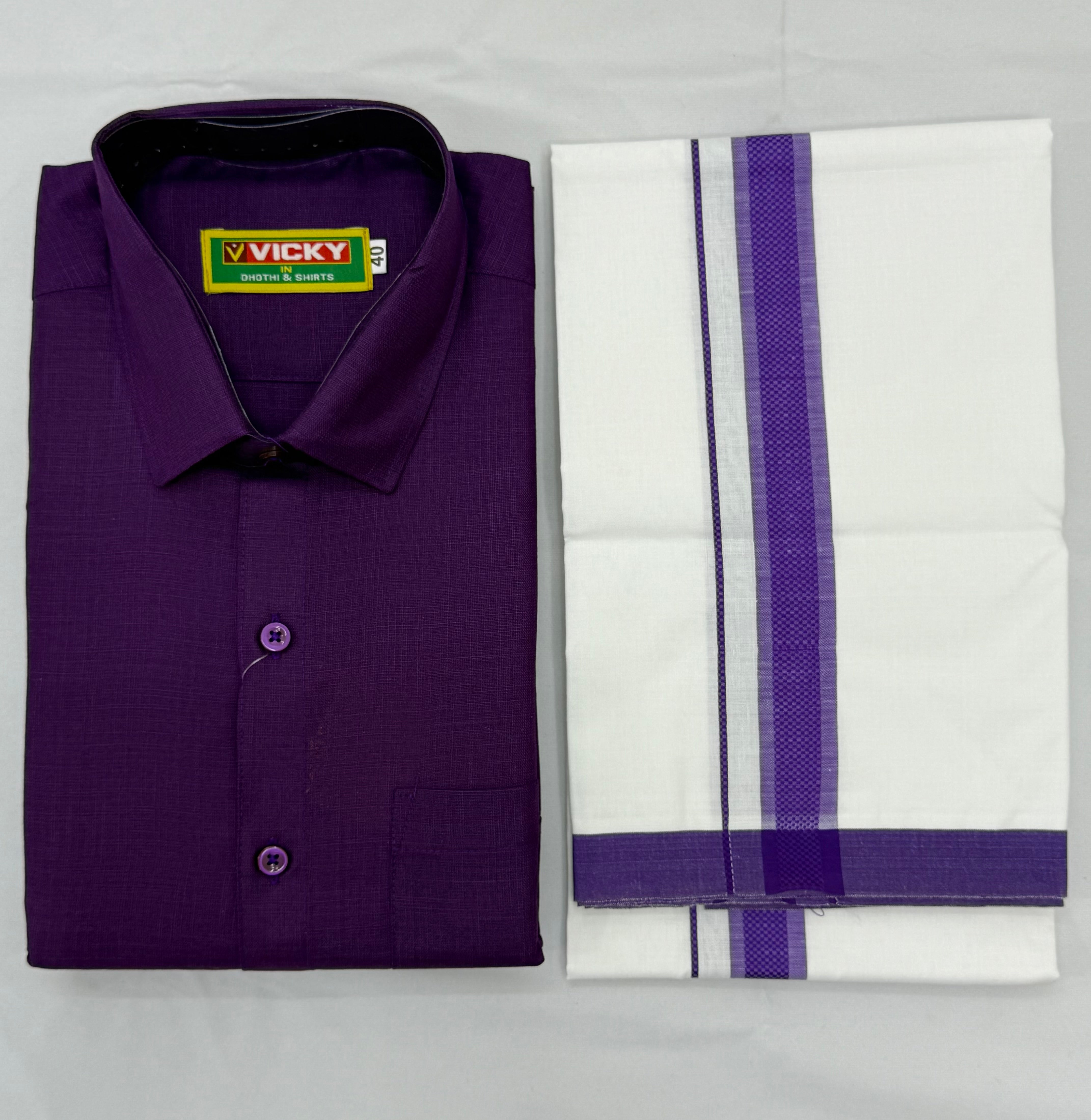 MEN'S MATCHING FANCY BORDER SINGLE DHOTI & SHIRT SET - PURPLE