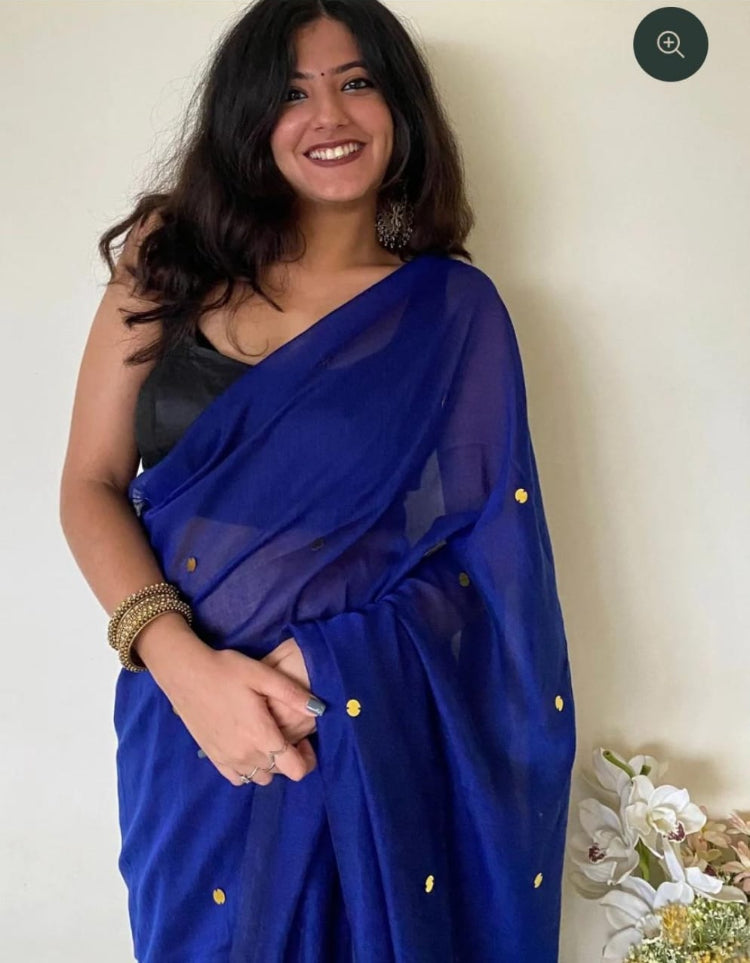 HANDLOOM PURE COTTON MIRROR WORK SAREE - ROYAL BLUE