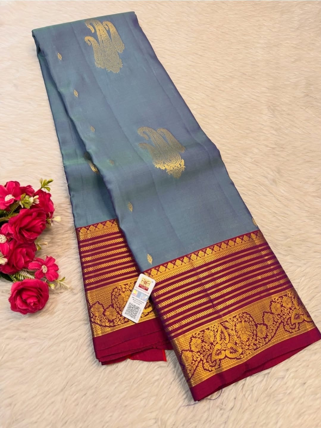 KANCHIPURAM PURE SILK SAREE | SILKMARK® CERTIFIED - SLATE GREY