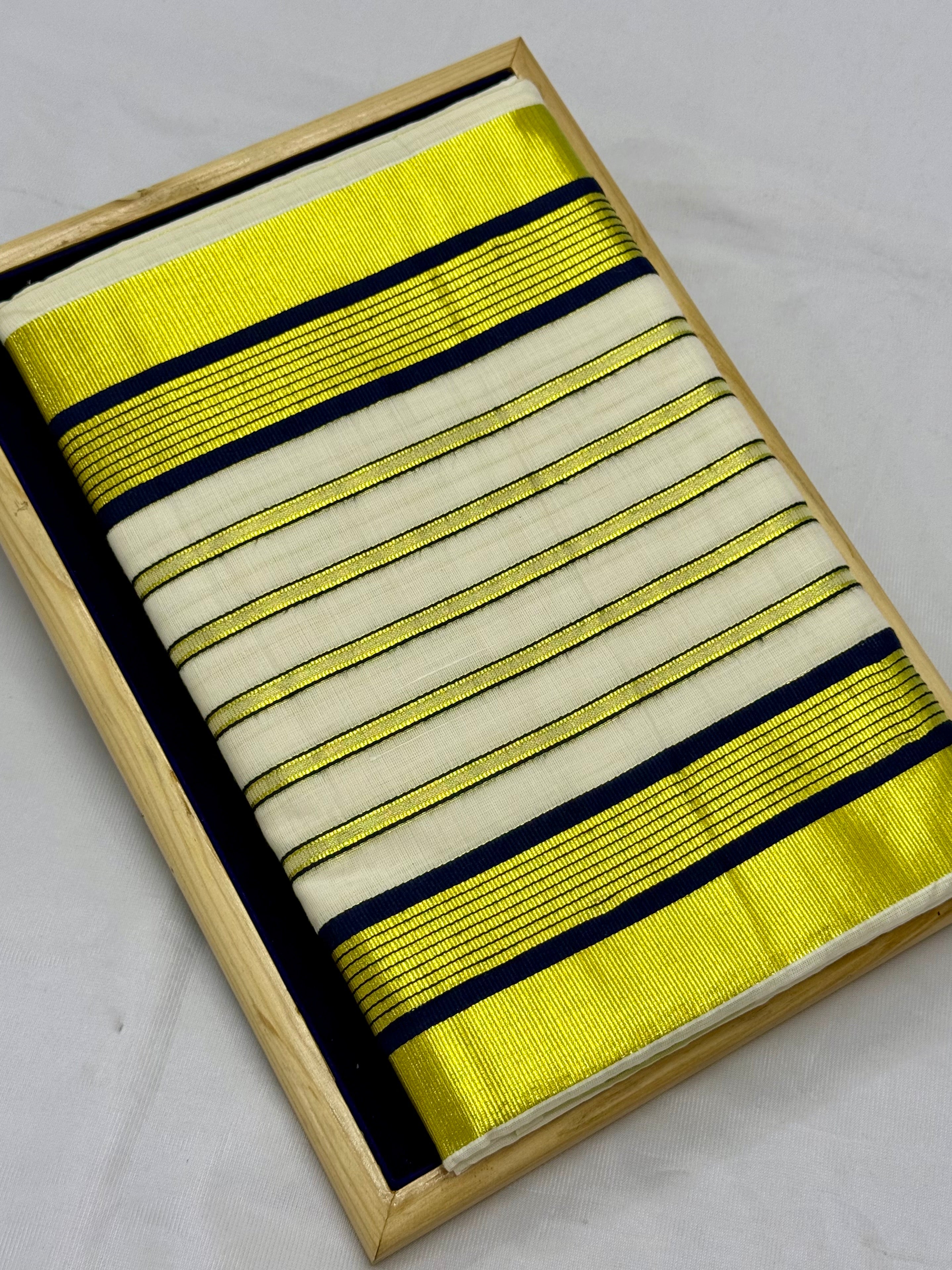 KERALA KASAVU COTTON STRIPES PATTERN SAREE - (OFF WHITE,GOLD,NAVYBLUE)