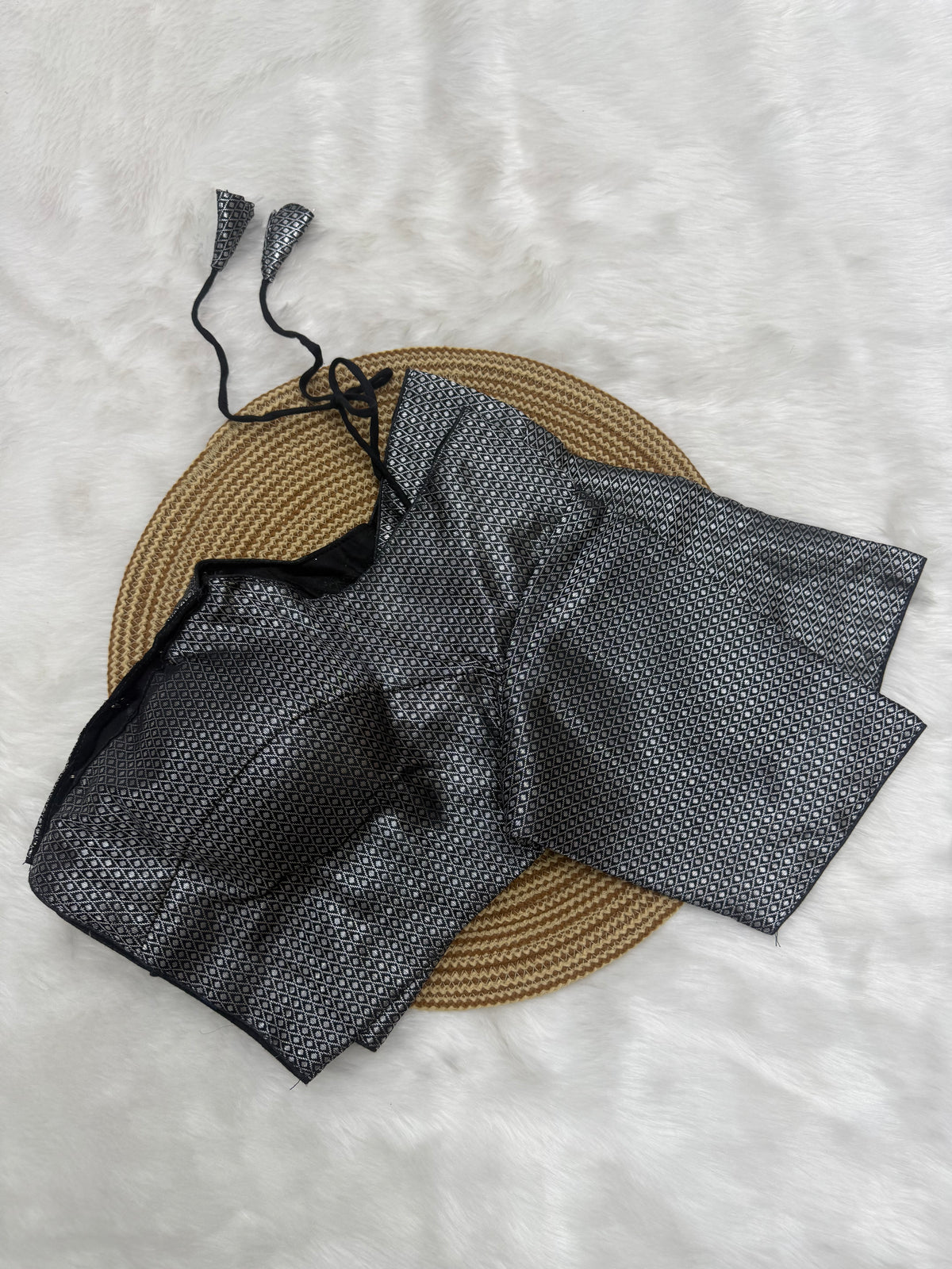 DESIGNER JACQUARD READY TO WEAR SAREE BLOUSE - BLACK & SILVER