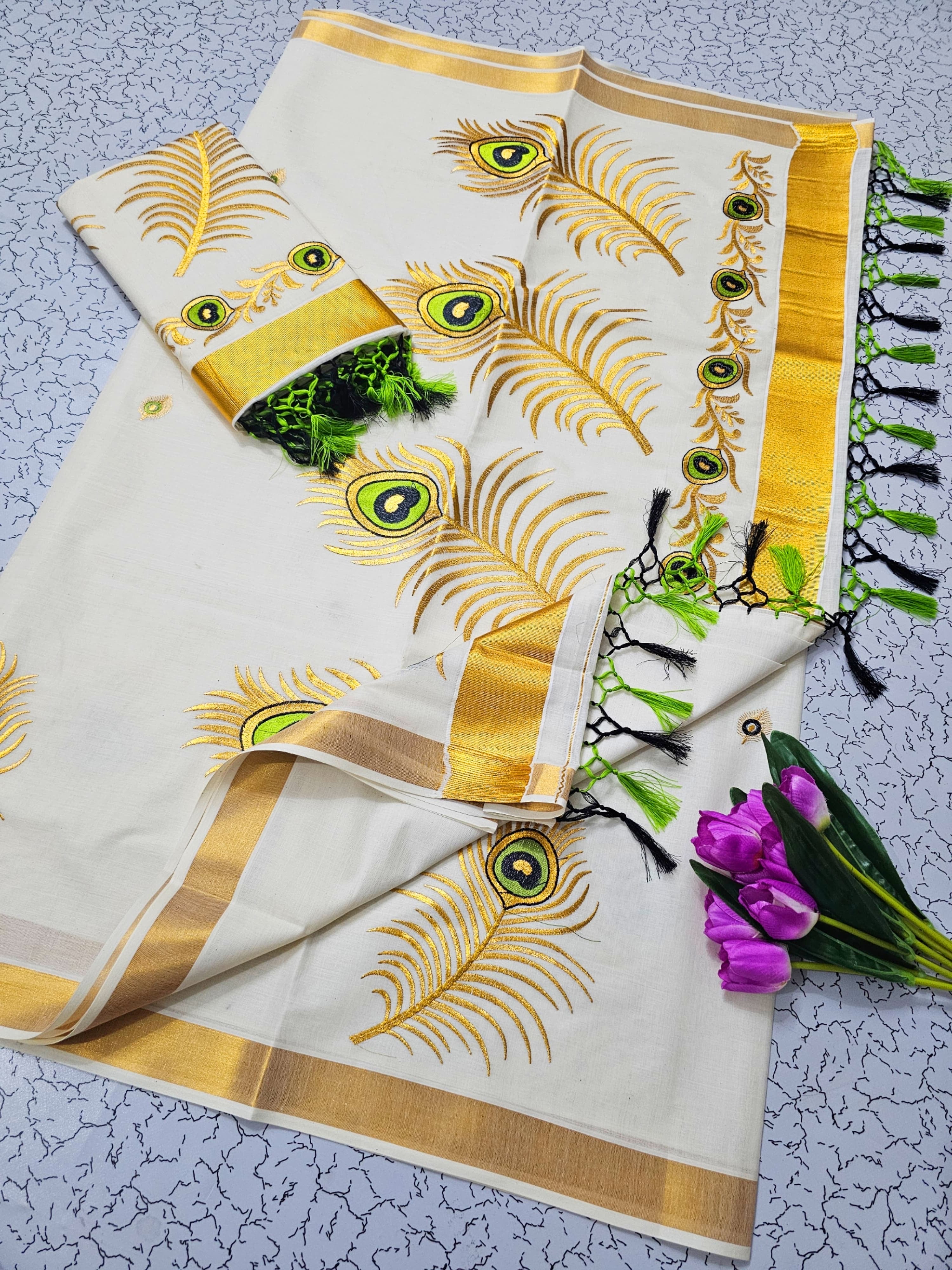 KERALA FANCY PEACOCK FEATHER EMBROIDERED SAREE (GOLD)