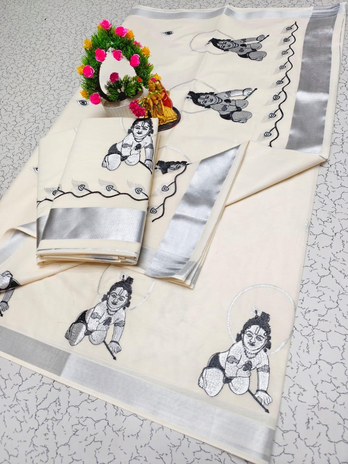 EMBROIDERED KERALA KASAVU COTTON SAREE(SILVER)