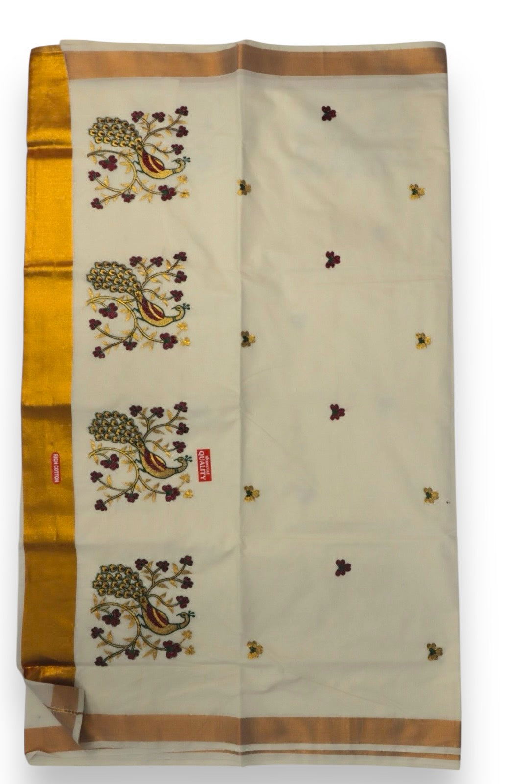 KERALA FANCY PEACOCK EMBROIDERY SAREE (GOLD,BEIGE)