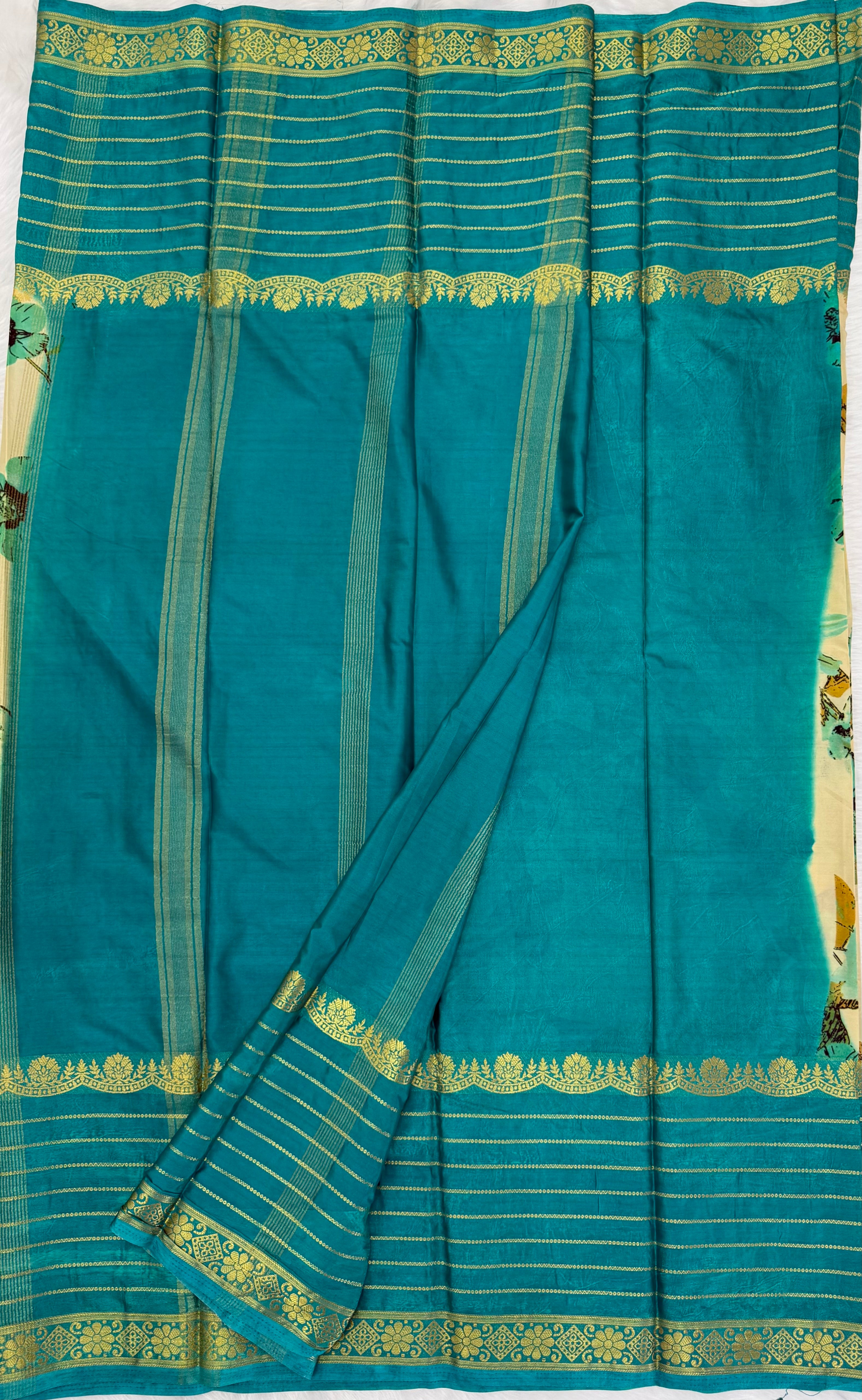 KALAMKARI PURE QUALITY MYSORE SILK SAREE - TURQUOISE BLUE