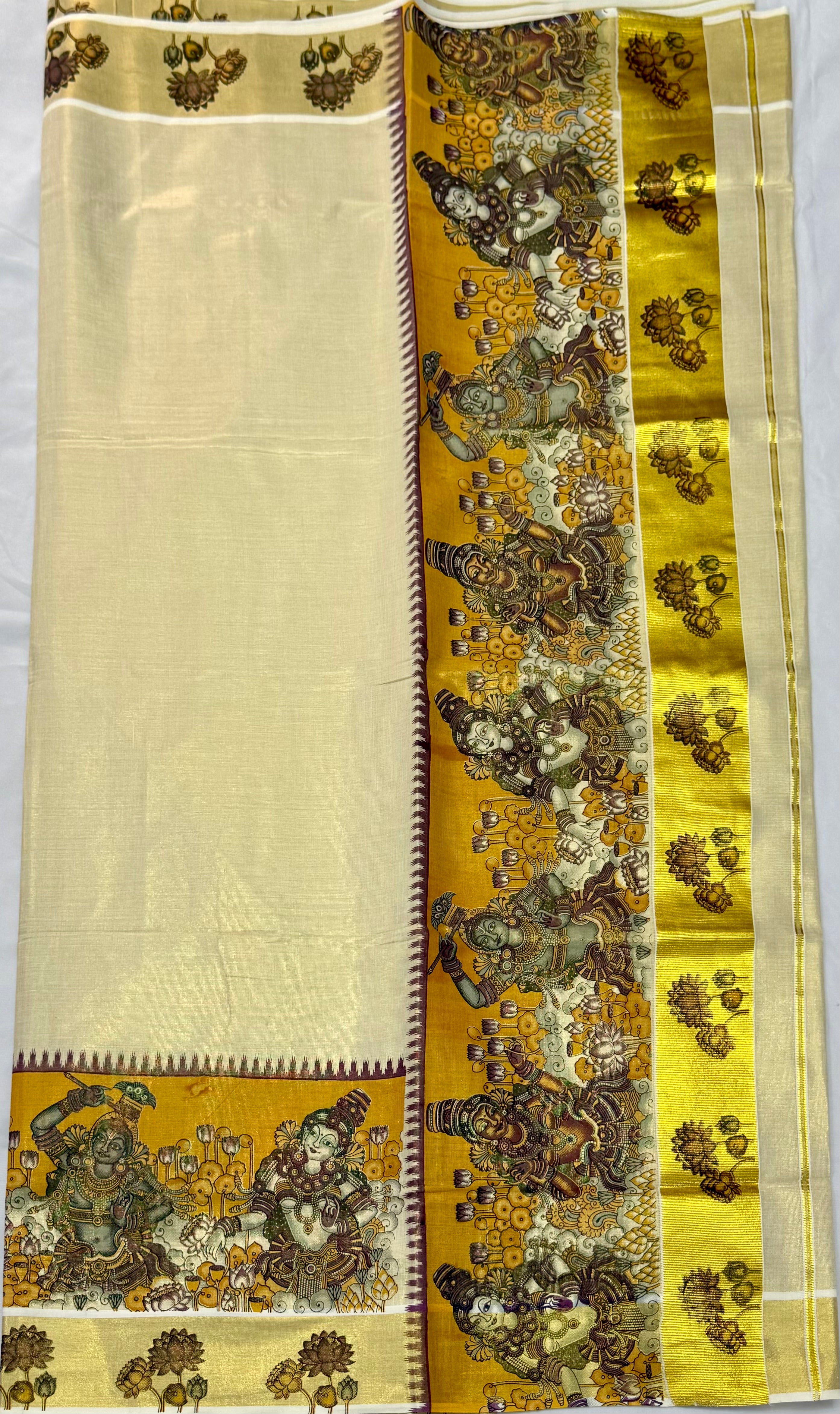 MURAL ART KASAVU TISSUE KERALA SAREE (GOLD,CREAM)