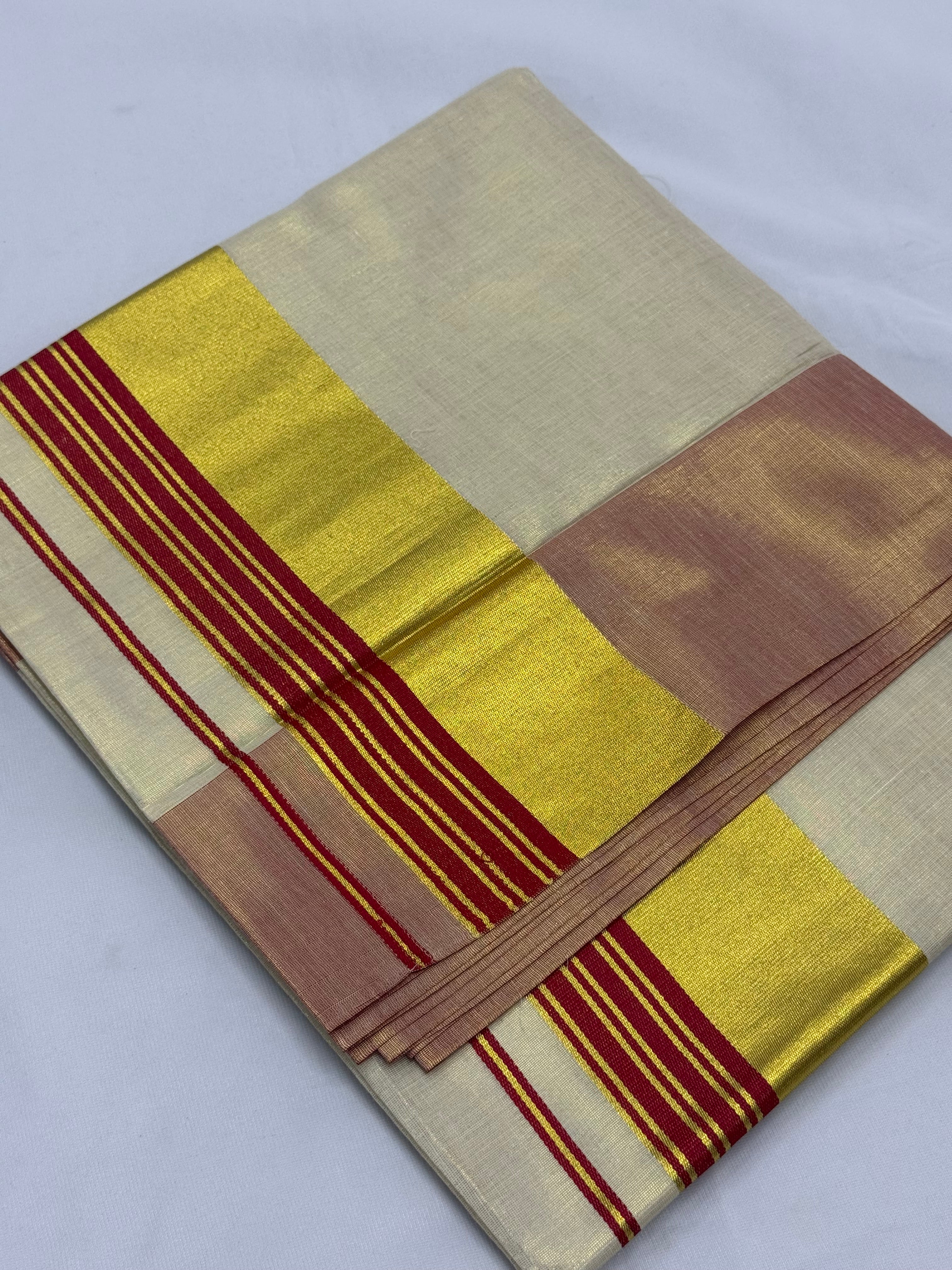 PREMIUM KERALA KASAVU TISSUE STRIPES SAREE - (CREAM,GOLD,RED)