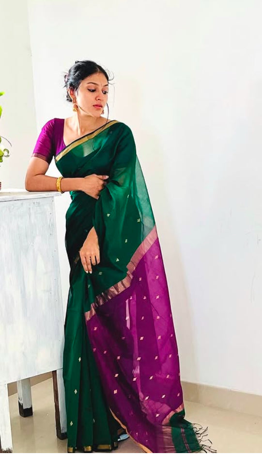 MAHESHWARI COTTON SILK SAREE - CASTLEON GREEN